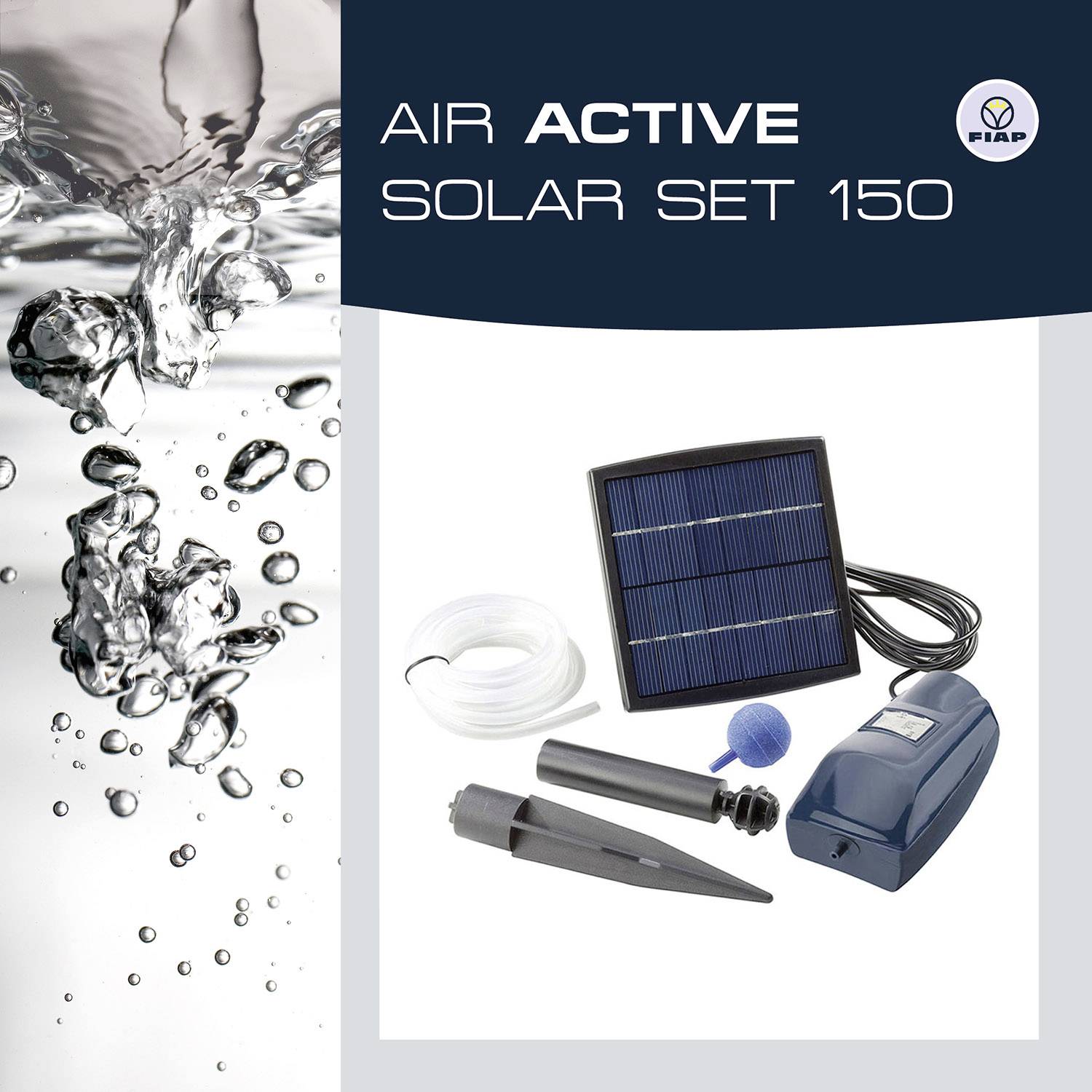 Das Bild zeigt das 'Air Active Solar Set 150' von FIAP. Das Set beinhaltet ein Solarpanel, Schläuche, einen Lufteinlass und weiteres Zubehör.