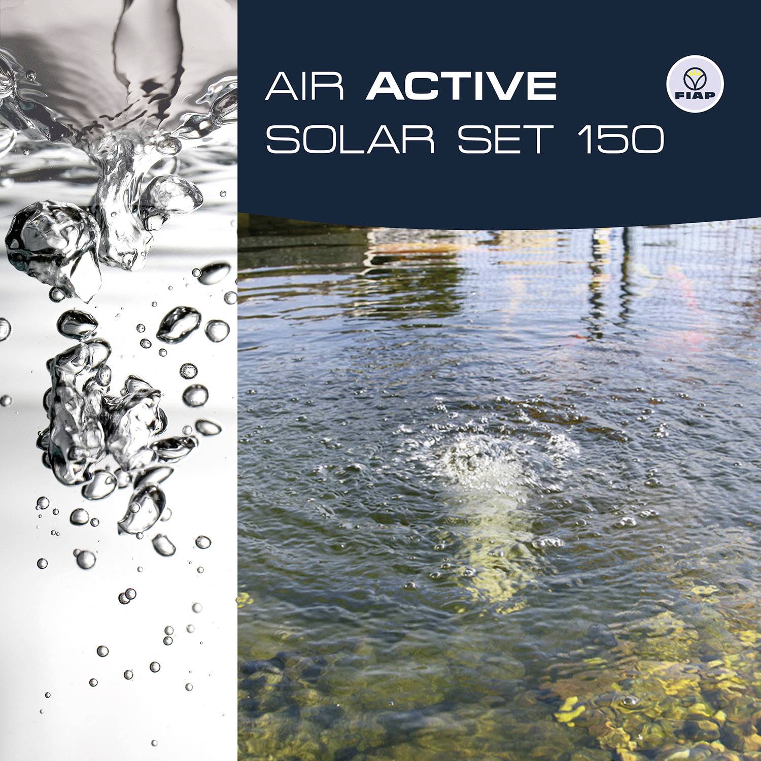 Wasserblasen steigen an die Oberfläche. Daneben der Text: 'AIR ACTIVE SOLAR SET 150', das Produktlogo sichtbar.