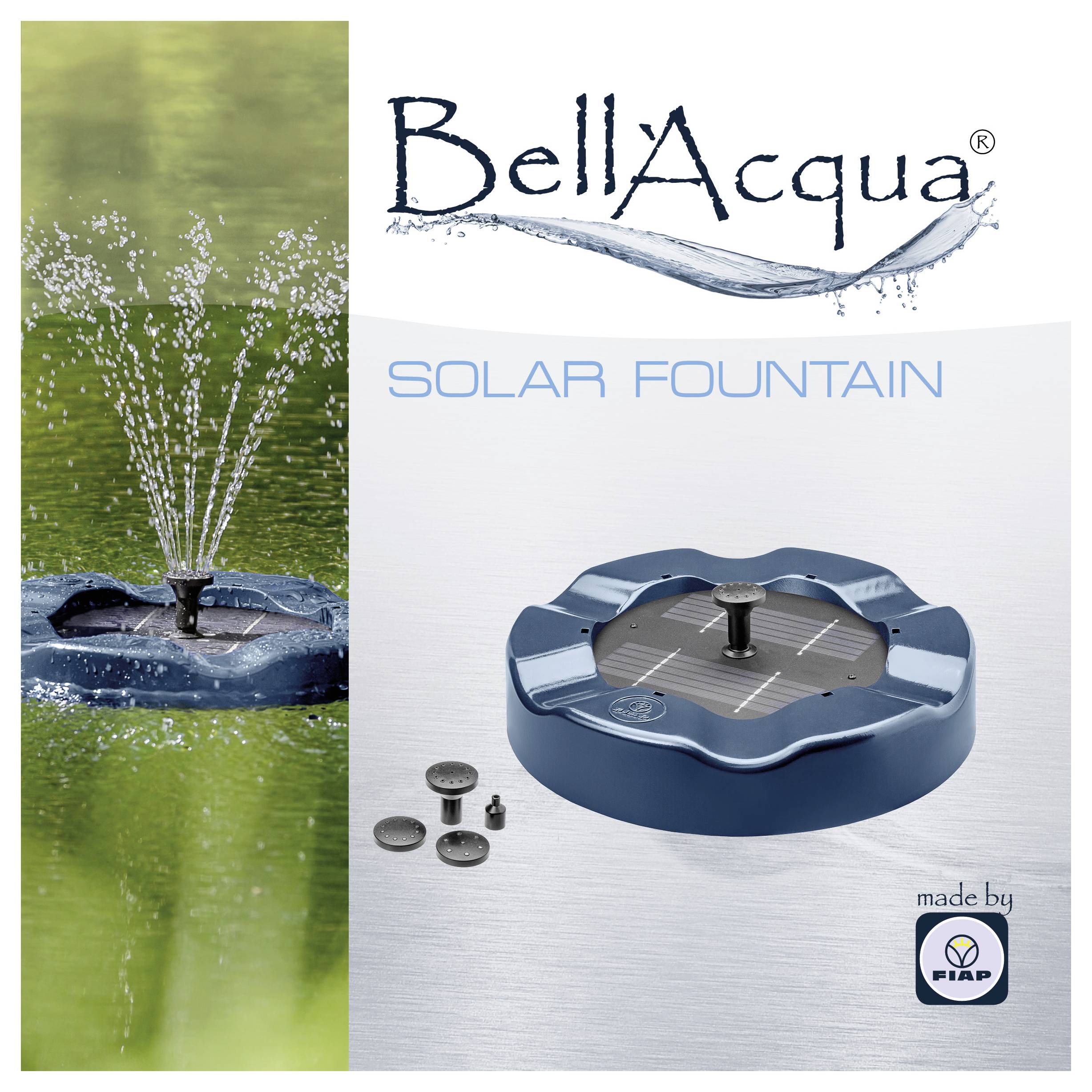 Produktanzeige für BellAqua Solarbrunnen, zeigt eine schwimmende Brunnenpumpe, die Wasser in einem Teich versprüht, und die Brunneneinheit mit Zubehör.