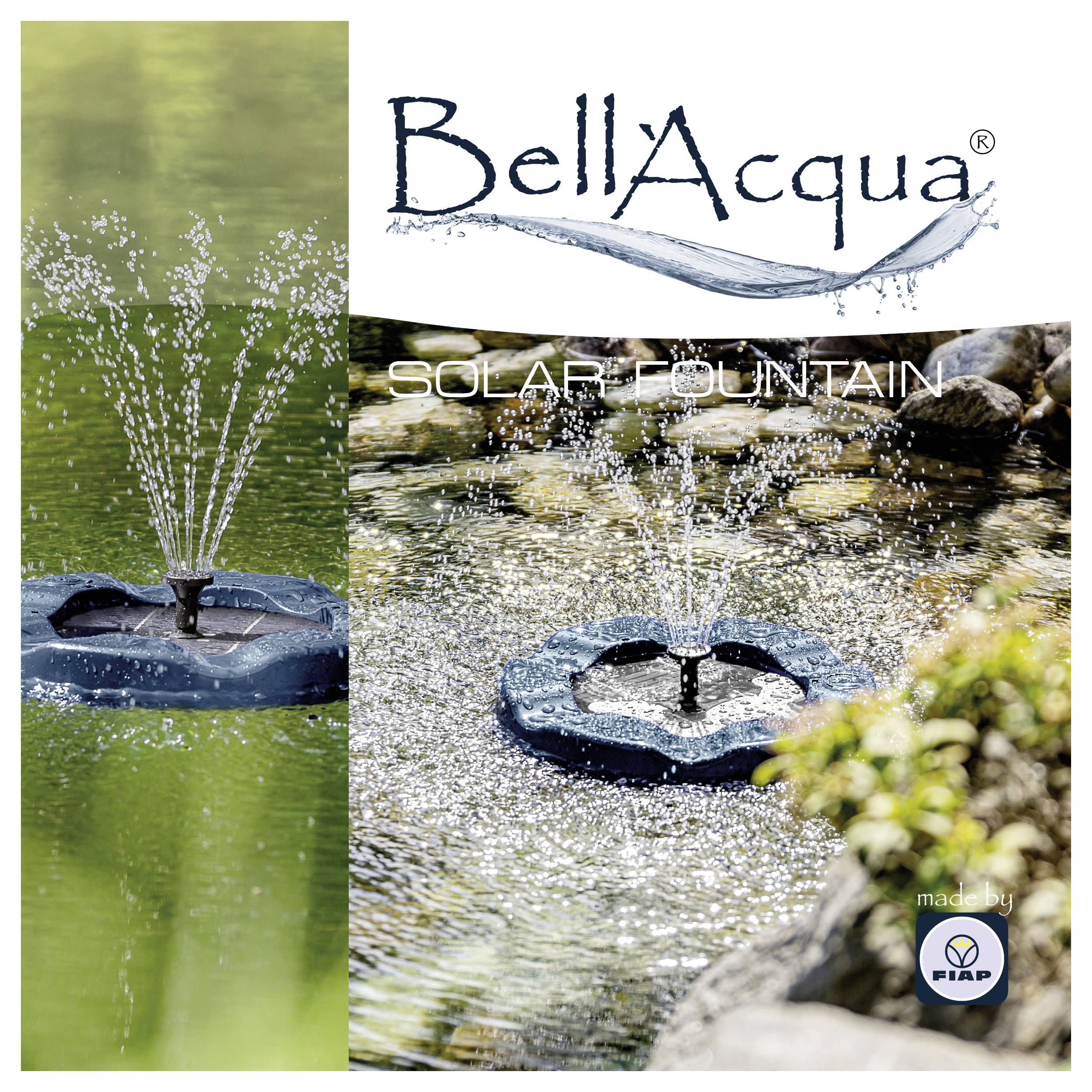 BellaAcqua Solarbrunnen, der in einem Teich gezeigt wird, mit Wasserstrahlen, die von einem schwimmenden blauen Brunnen nach oben spritzen.