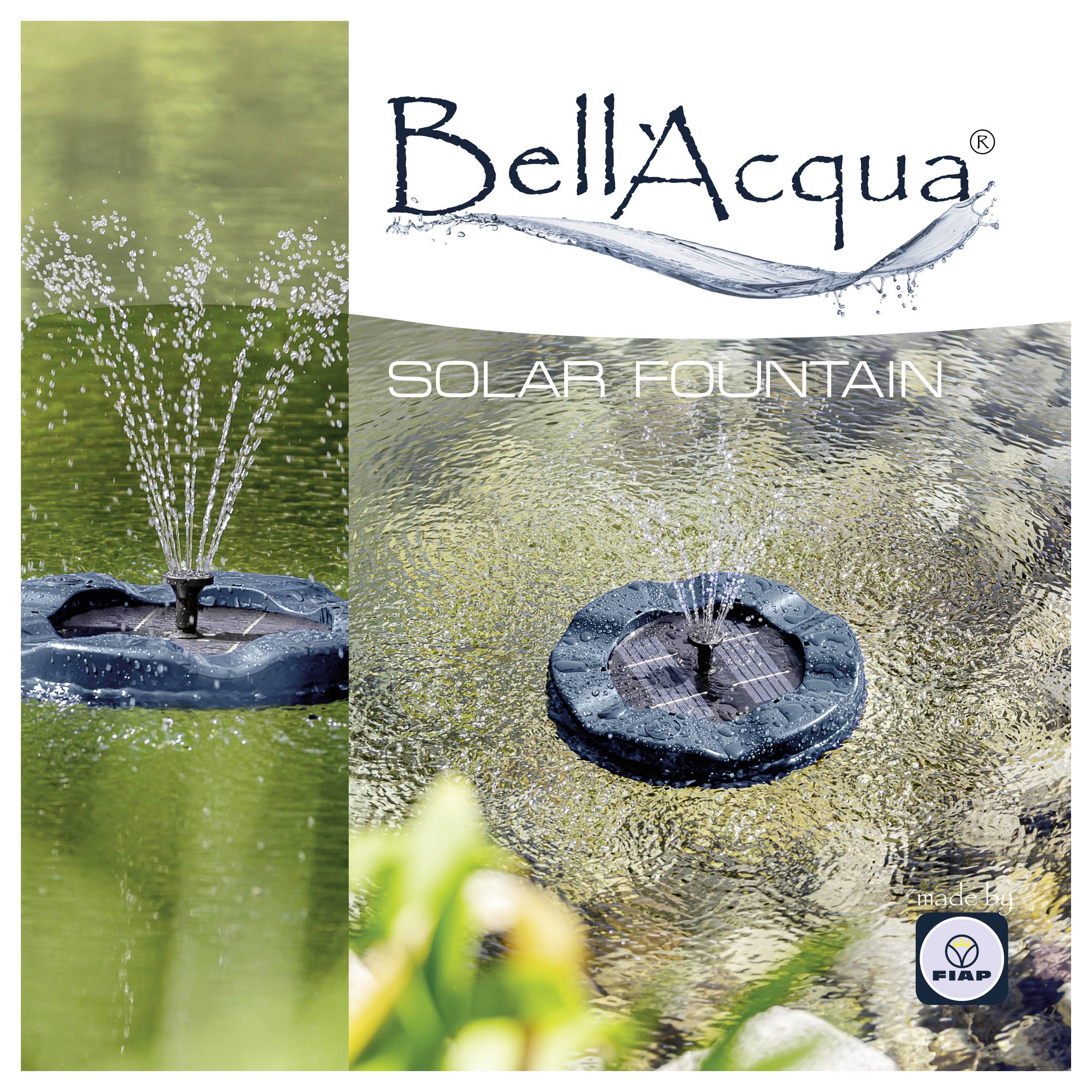 Werbebild für "BellyAcqua" Solarbrunnen, das einen schwebenden Brunnen zeigt, der Wasser in einem Teich spritzt, und das Produktlogo mit den Worten "SOLARBRUNNEN".