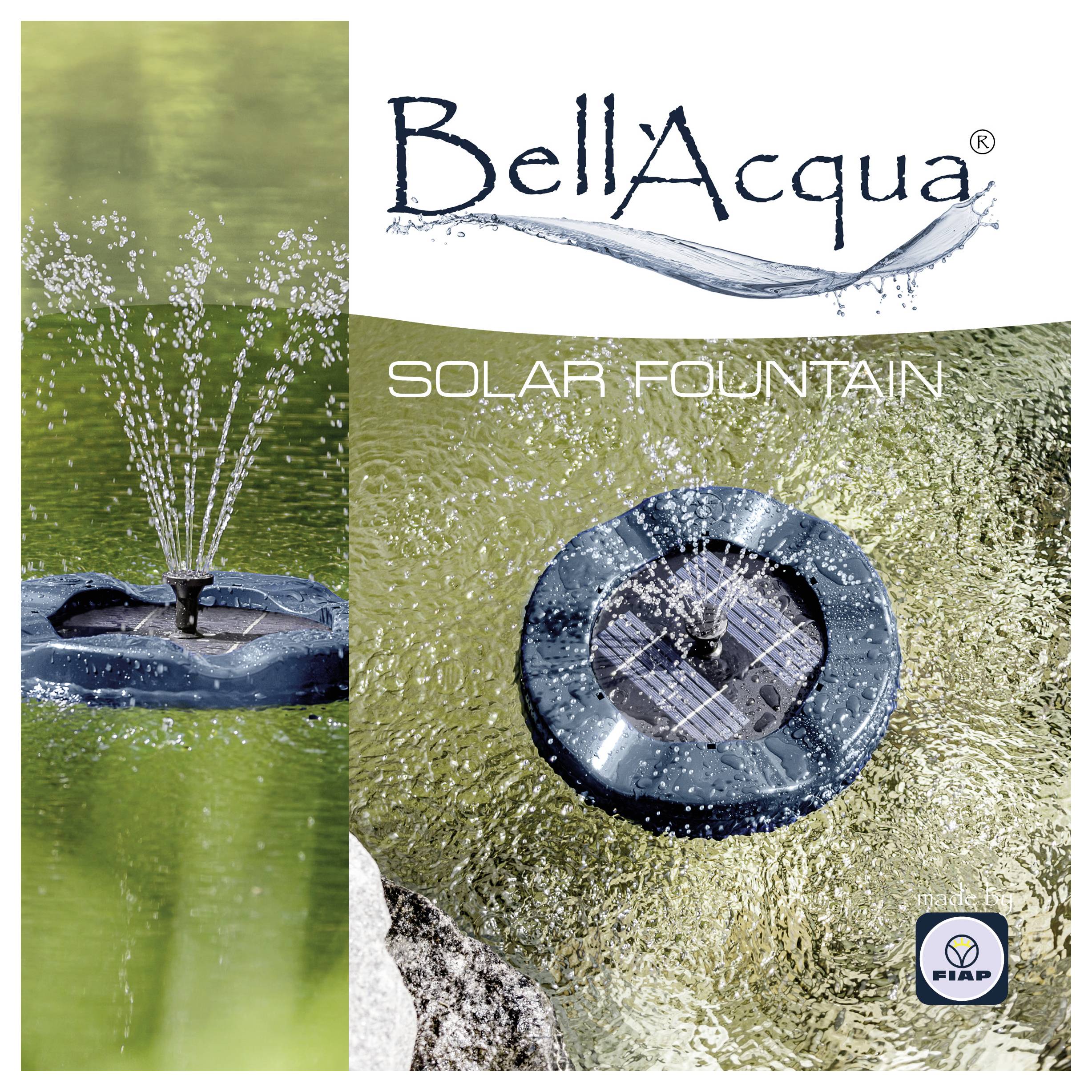 BellaAcqua 'SOLARBRUNNEN' Produktbild, das einen schwimmenden Solarbrunnen zeigt, der Wasser in einem Teich versprüht.
