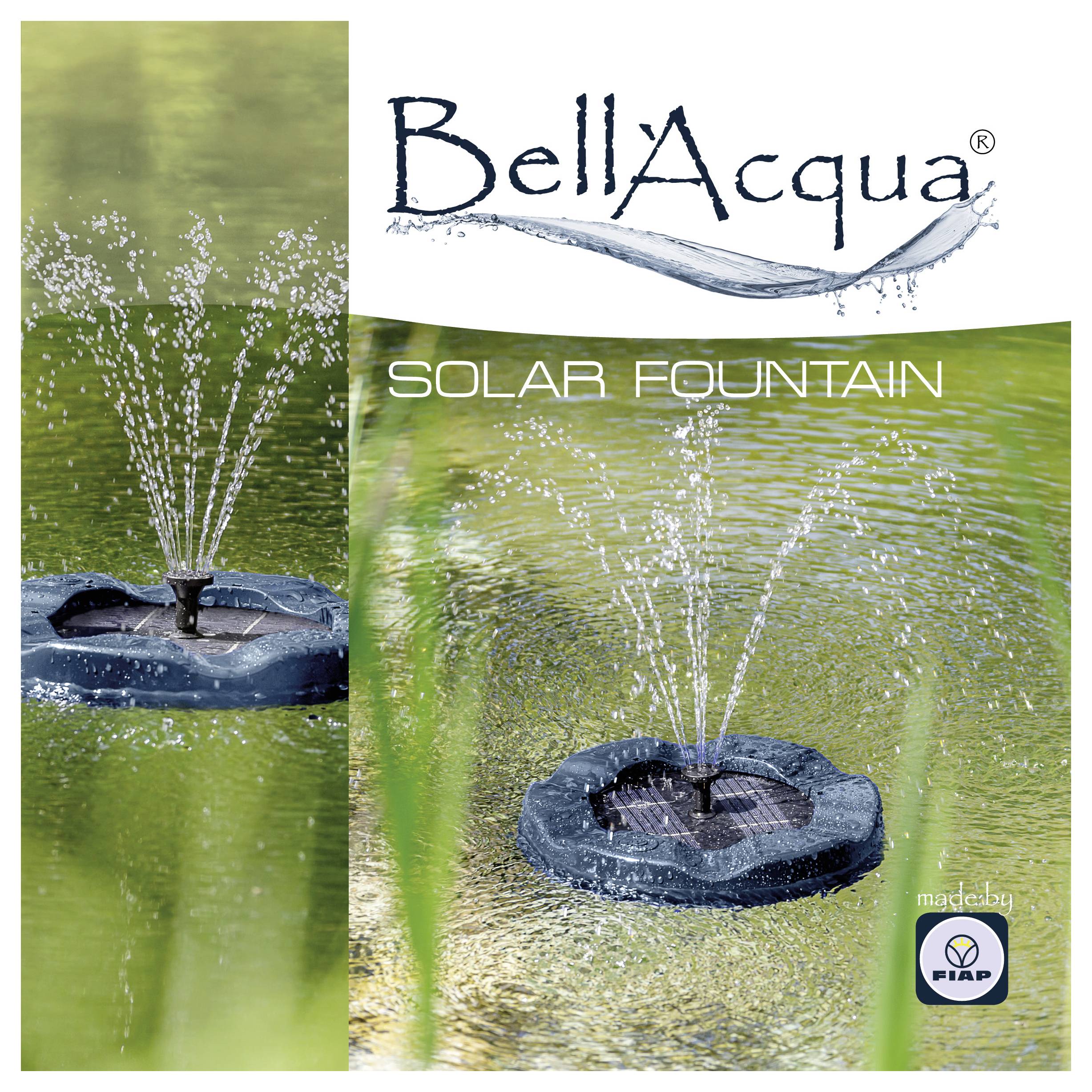 BellaAqua Solarbrunnen Produktbild zeigt einen schwimmenden Brunnen, der Wasser in einem Teich versprüht, mit dem Text „SOLARBRUNNEN" und FPAP-Logo.