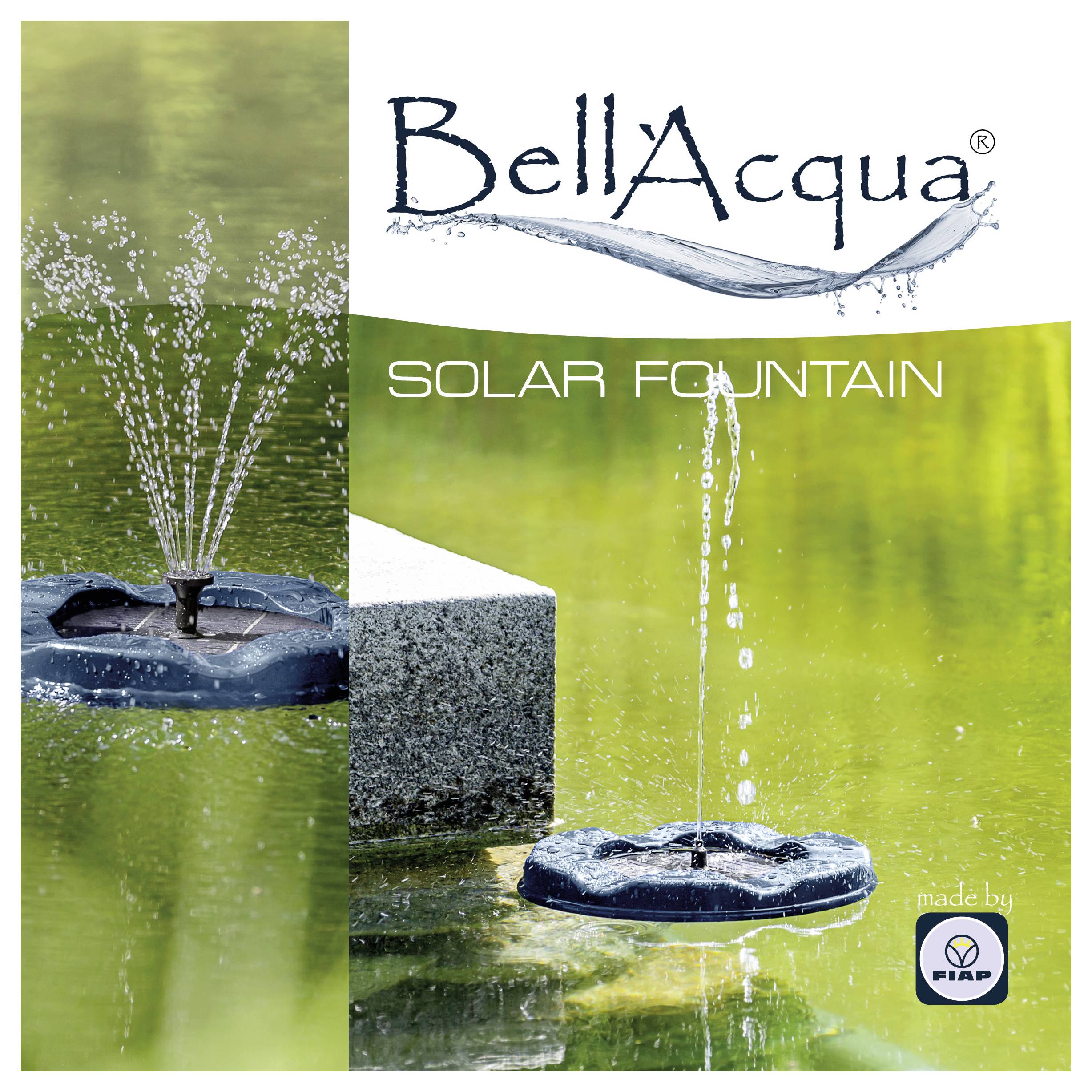 Werbebild für BellaAcqua Solarbrunnen mit schwebenden Wasserspray-Brunnen auf einem Teich mit dem Text "SOLARBRUNNEN".