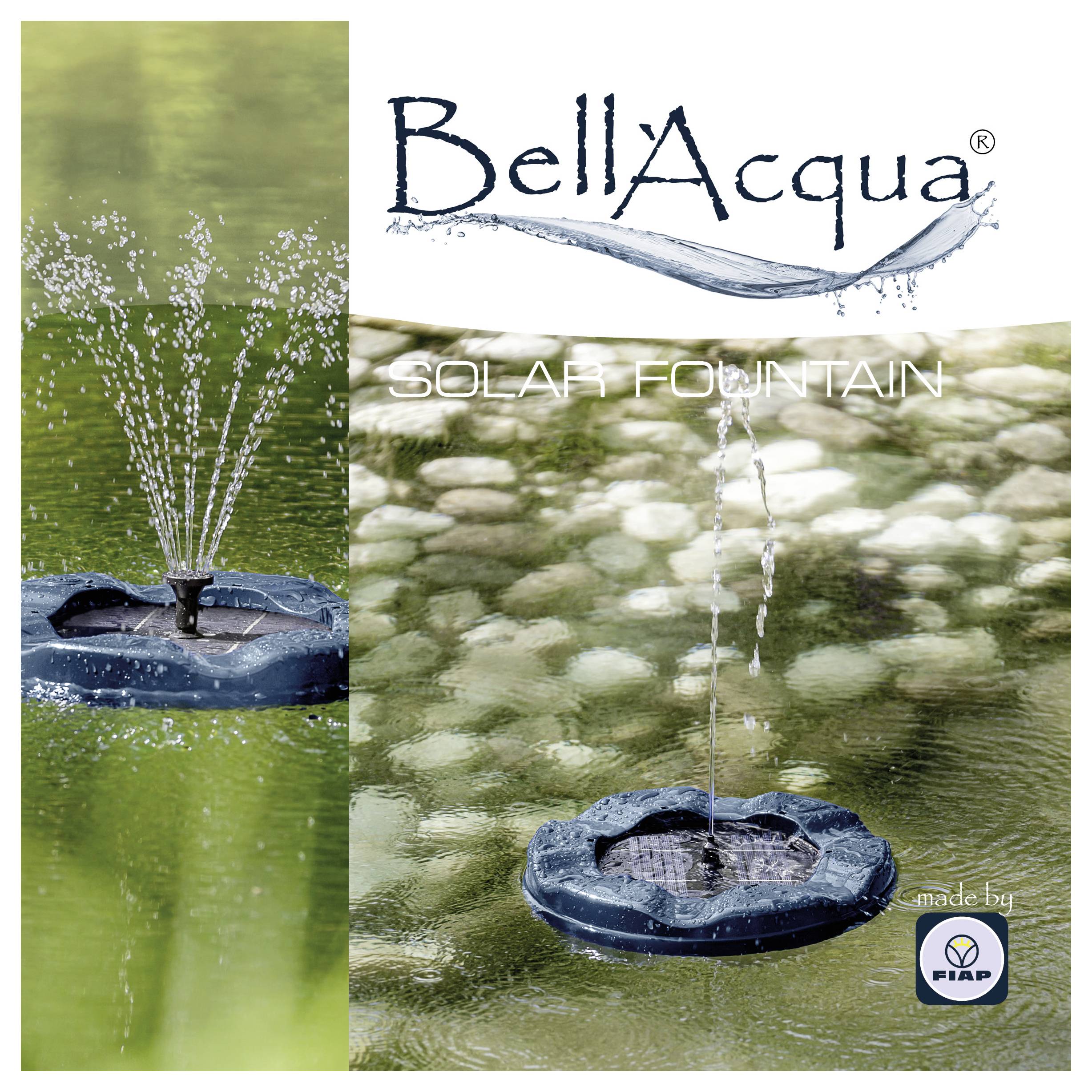 Werbebild für BellaAcqua „SOLAR FOUNTAIN" mit einem schwimmenden, solarbetriebenen Wasserbrunnen, der in einem Teich spritzt, mit Markenlogo und „hergestellt von"-Abzeichen.