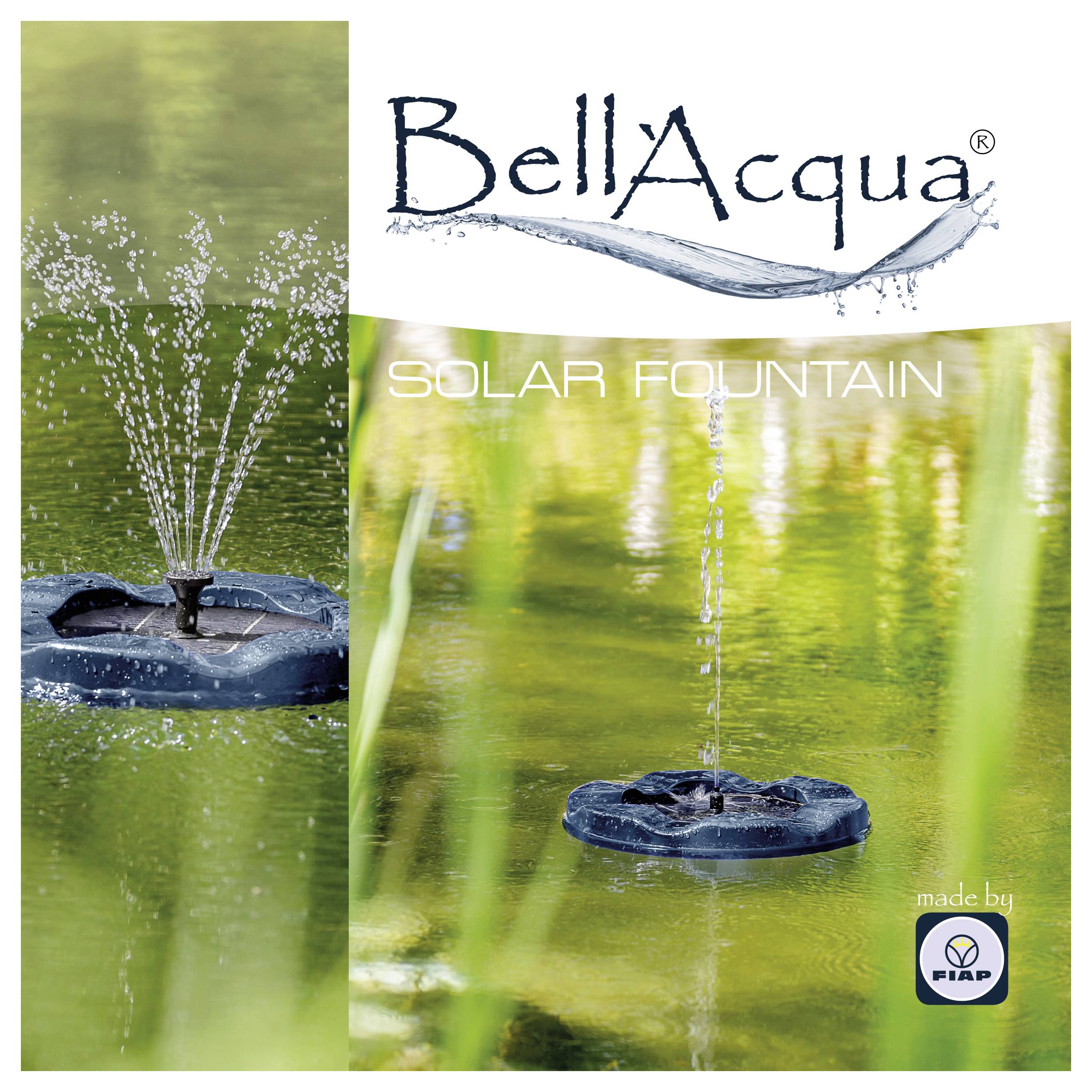 BellaAqua Solarbrunnen schwebt in einem Teich, gezeigt im Einsatz mit Wasserstrahlen, die nach oben spritzen, und dem Text „SOLARBRUNNEN" und „hergestellt von FIAP".