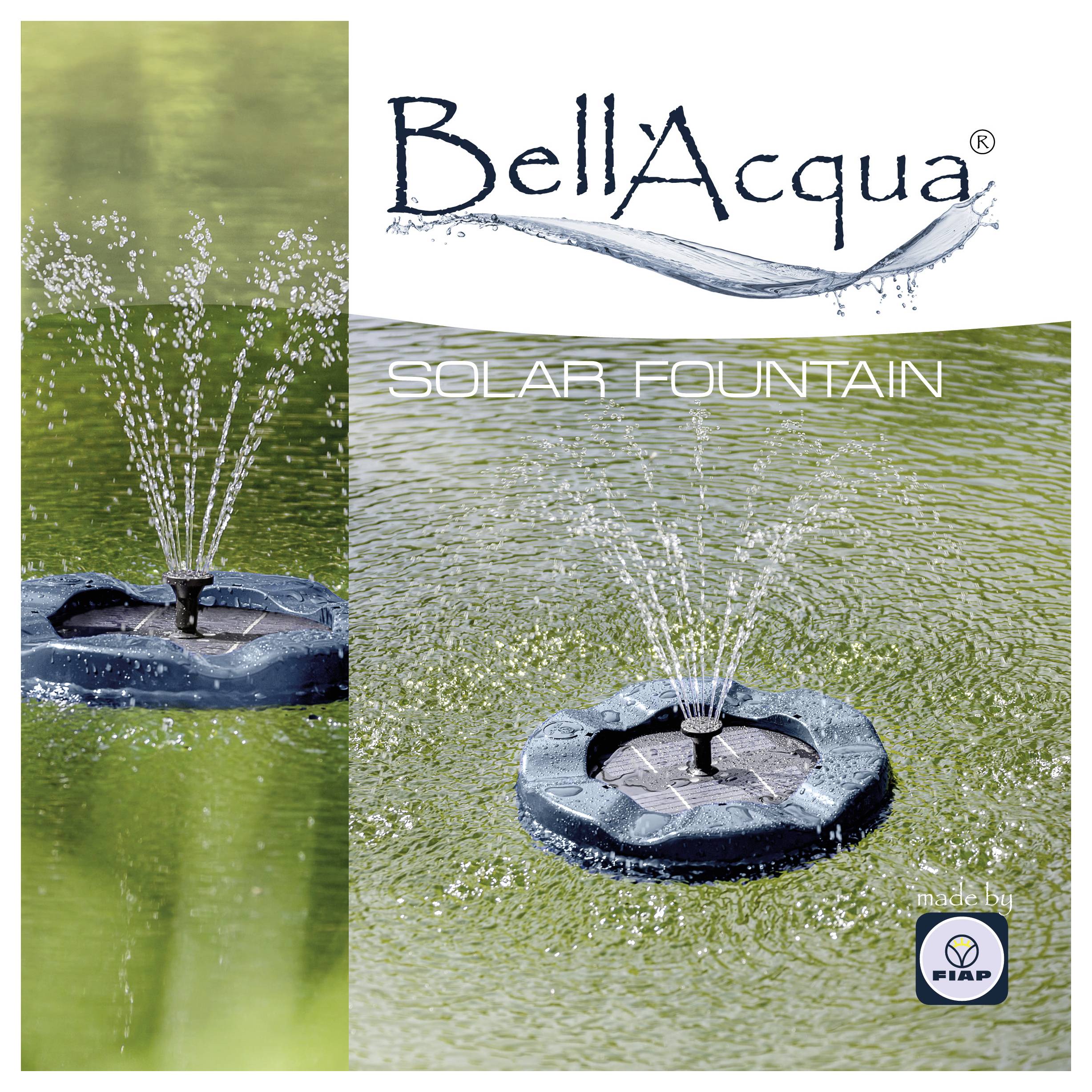 Werbebild einer BellaAqua-Solarbrunnen, die auf dem Wasser schwebt und mehrere Wasserstrahlen versprüht; der Text lautet „BellaAqua" und „SOLARBRUNNEN".