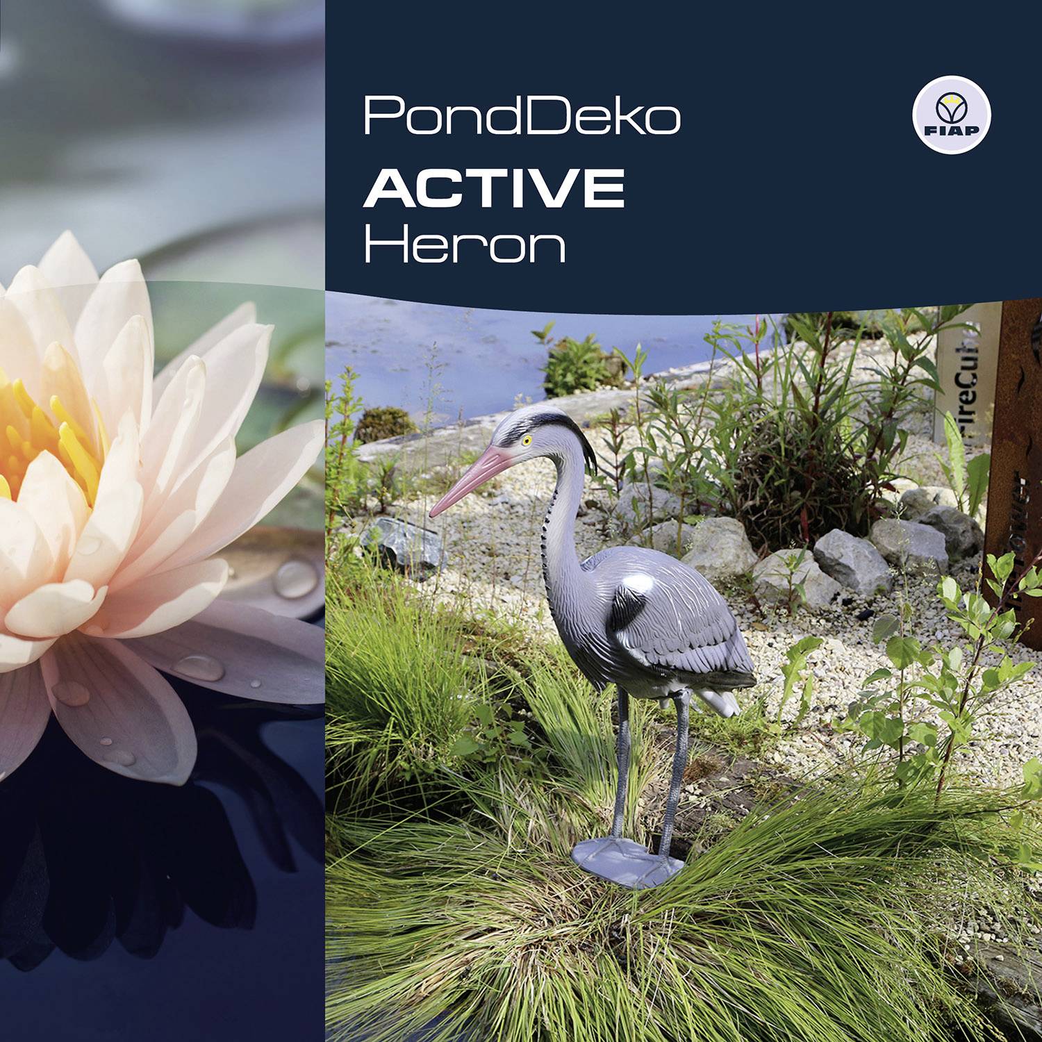 'PondDeko Active Heron' zeigt eine künstliche Reiherfigur neben einem Teich mit Seerosen. Sie dient als dekoratives Gartenelement.