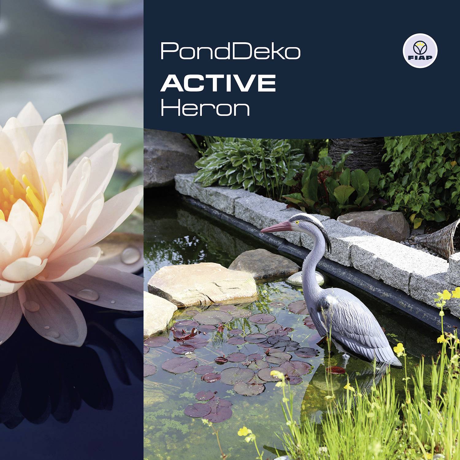 Ein Reiher steht am Rand eines Gartenteichs neben blühenden Seerosen und Pflanzen. Links oben Markenlogo und 'PondDeko Active Heron' Text.