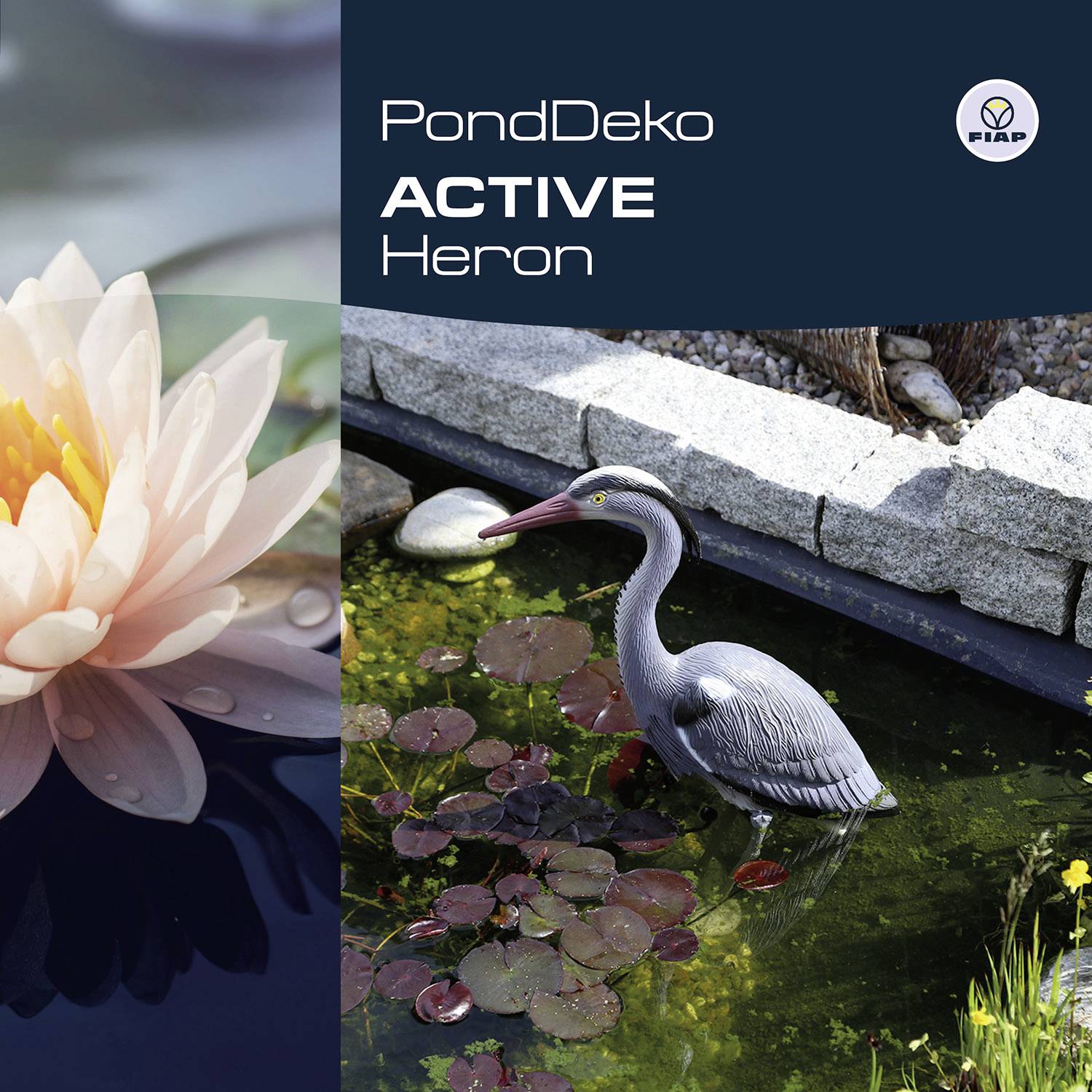 'PondDeko ACTIVE Heron' zeigt eine künstliche Reiherfigur in einem Teich mit Seerosen, daneben ein Logo von FIAP.