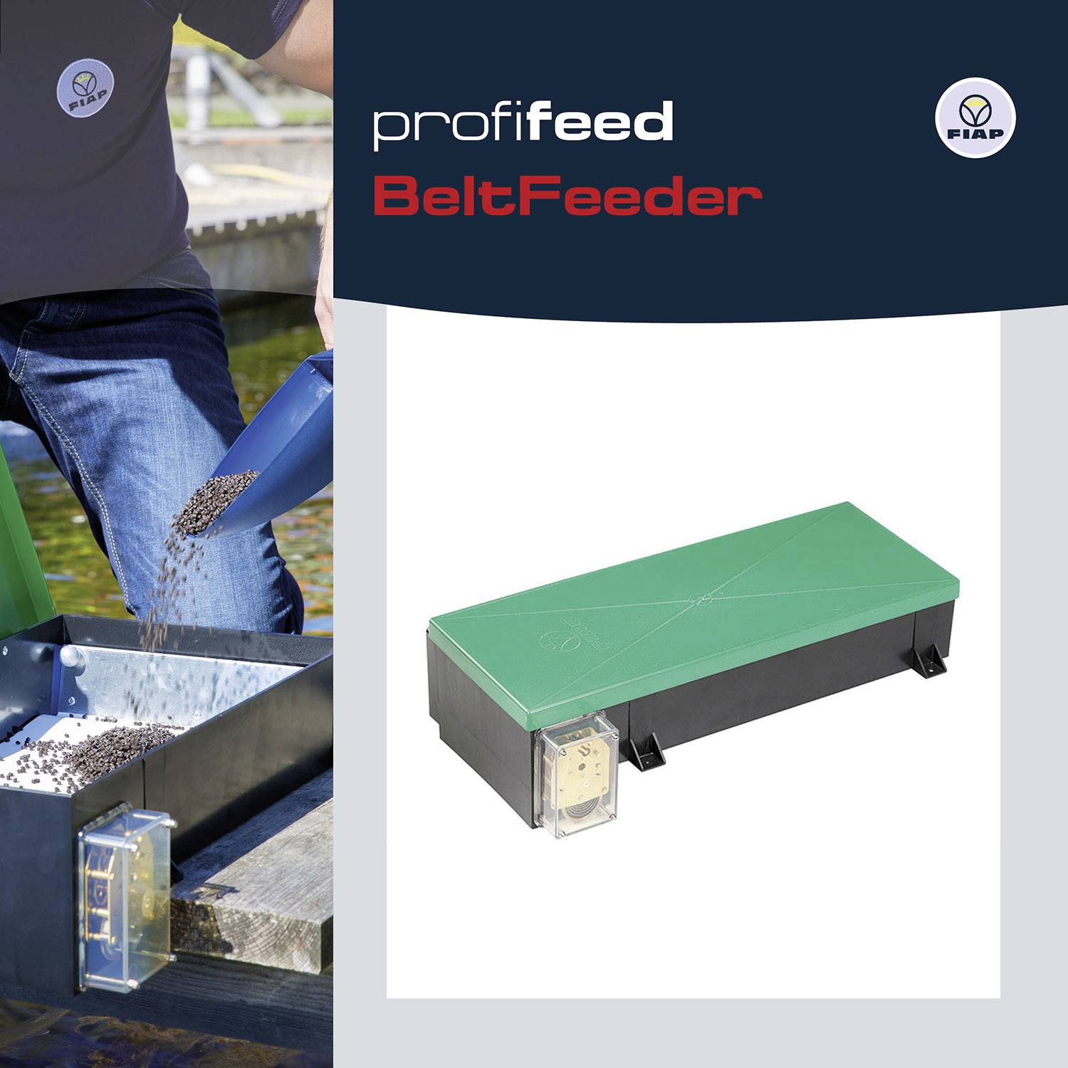 ProfiFeed BeltFeeder, grüne automatische Fütterungseinheit auf grauem Hintergrund. Person füllt Schale mit Pellets. FIAP-Logo oben rechts.