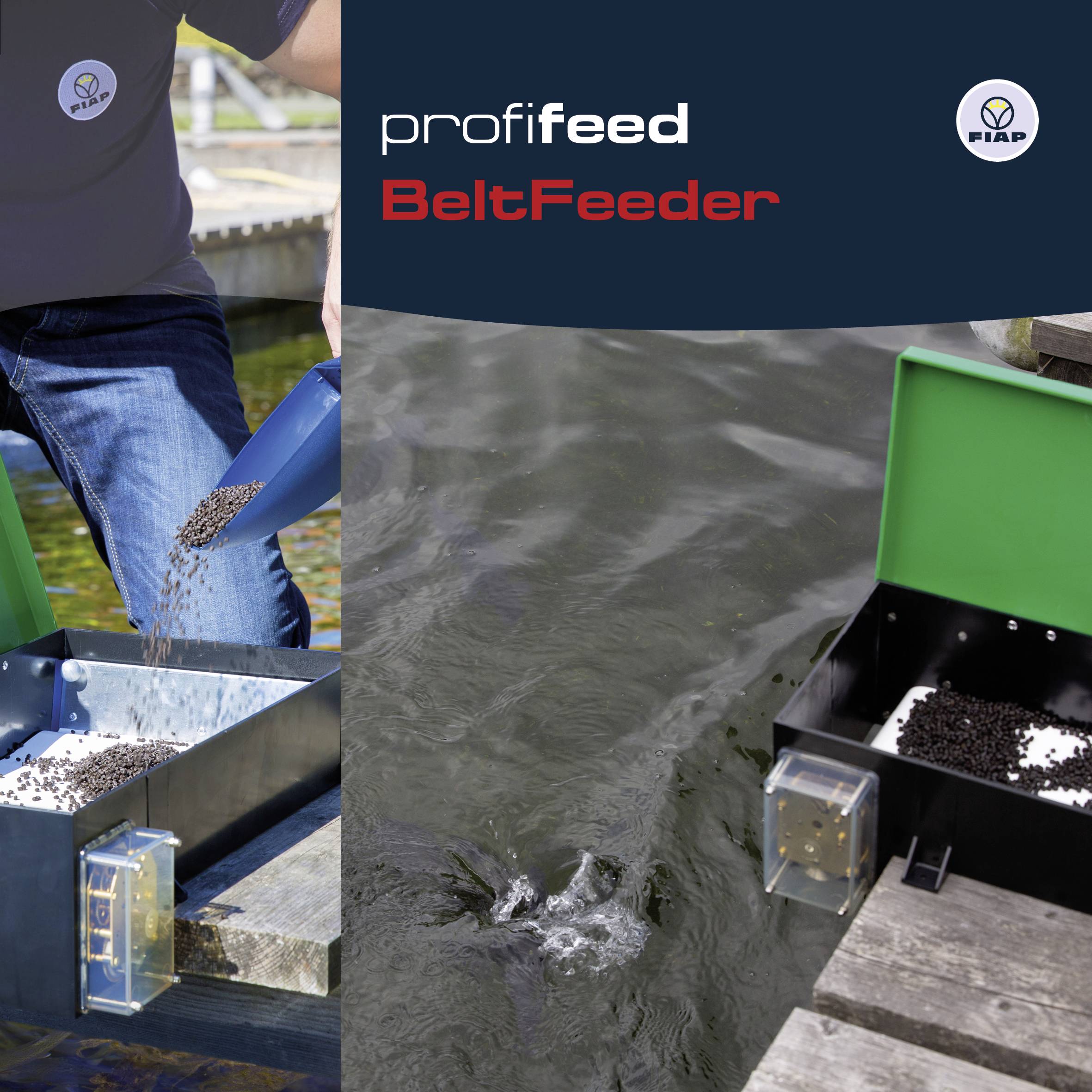 'ProfiFeed BeltFeeder' von FIAP zeigt links ein Gerät in Betrieb und rechts Fische, die von einer Futteranlage gefüttert werden.