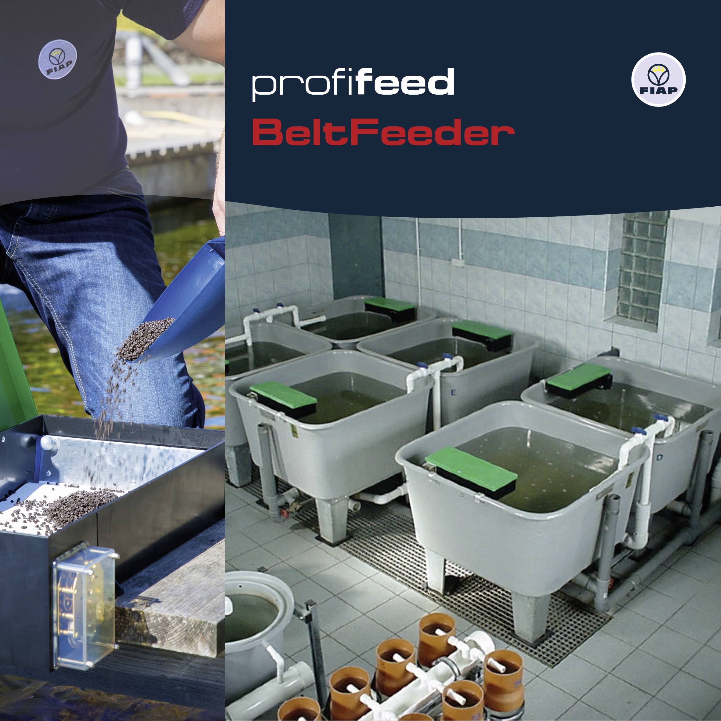 Das Bild zeigt links eine Person, die Fischfutter in einen Behälter schüttet, und rechts mehrere Tanks in einem Fischzuchtbetrieb. Oben rechts das Logo von FIAP.