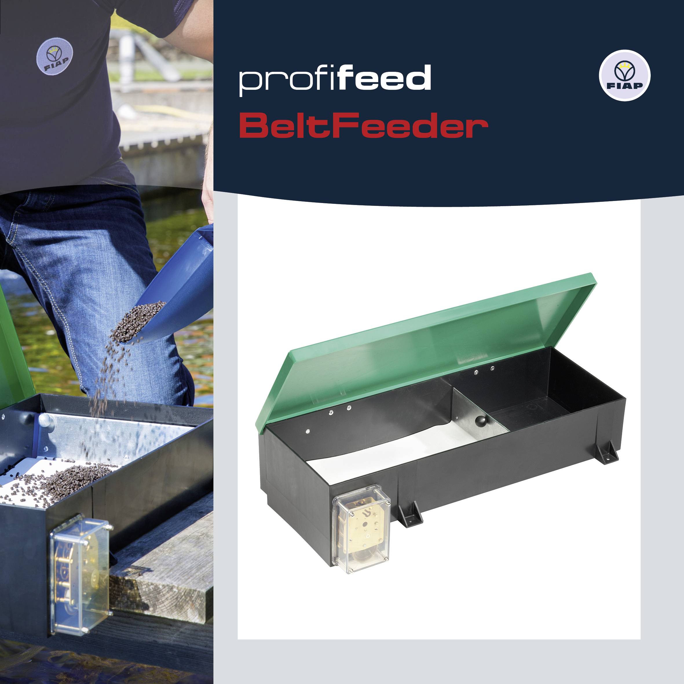 Zwei Bilder: Links wird Futter in einen Behälter gefüllt, rechts ein grünes Futtergerät mit der Aufschrift 'profi feed BeltFeeder'.