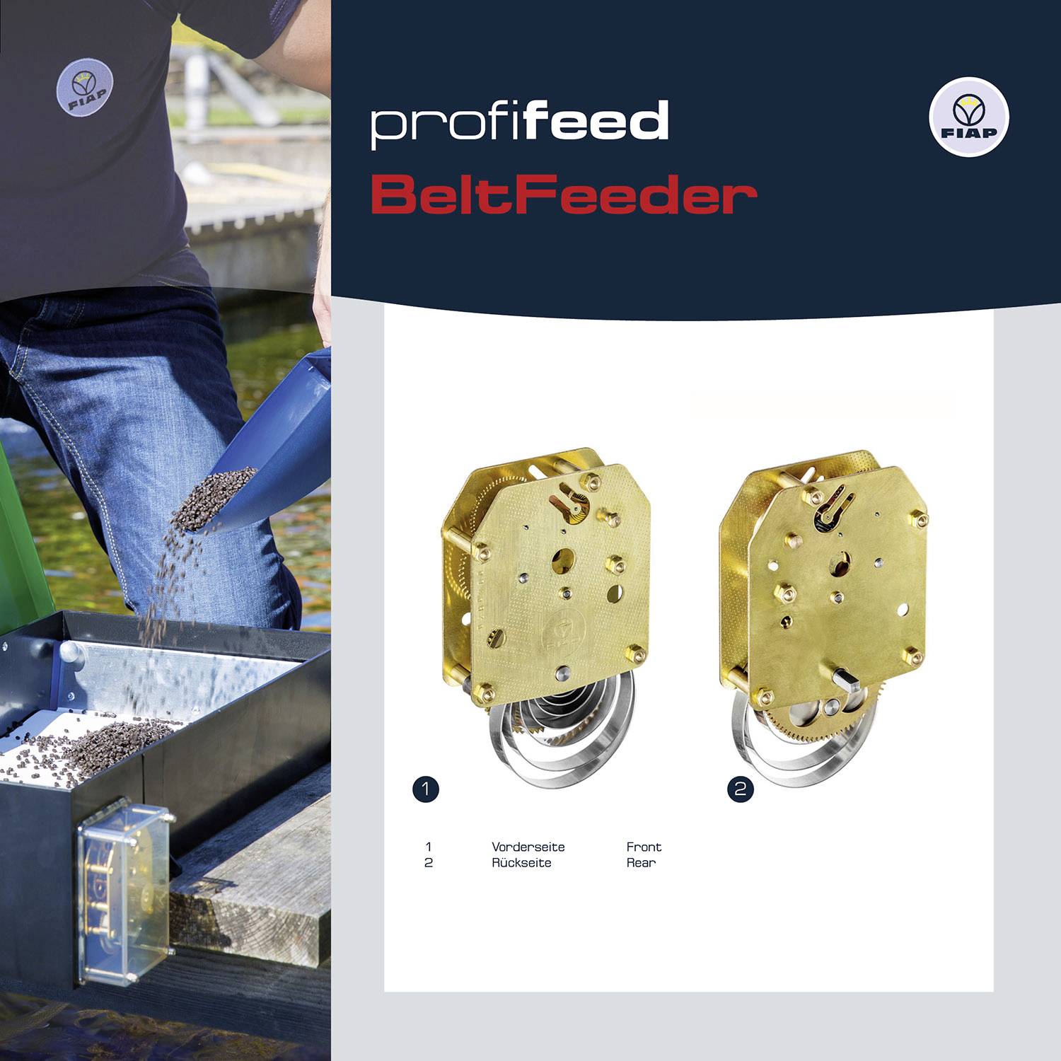 'BeltFeeder von profi feed und FFIAB: Gerät mit Vorder- und Rückansicht. Anwendung zum präzisen Füttern gezeigt.'