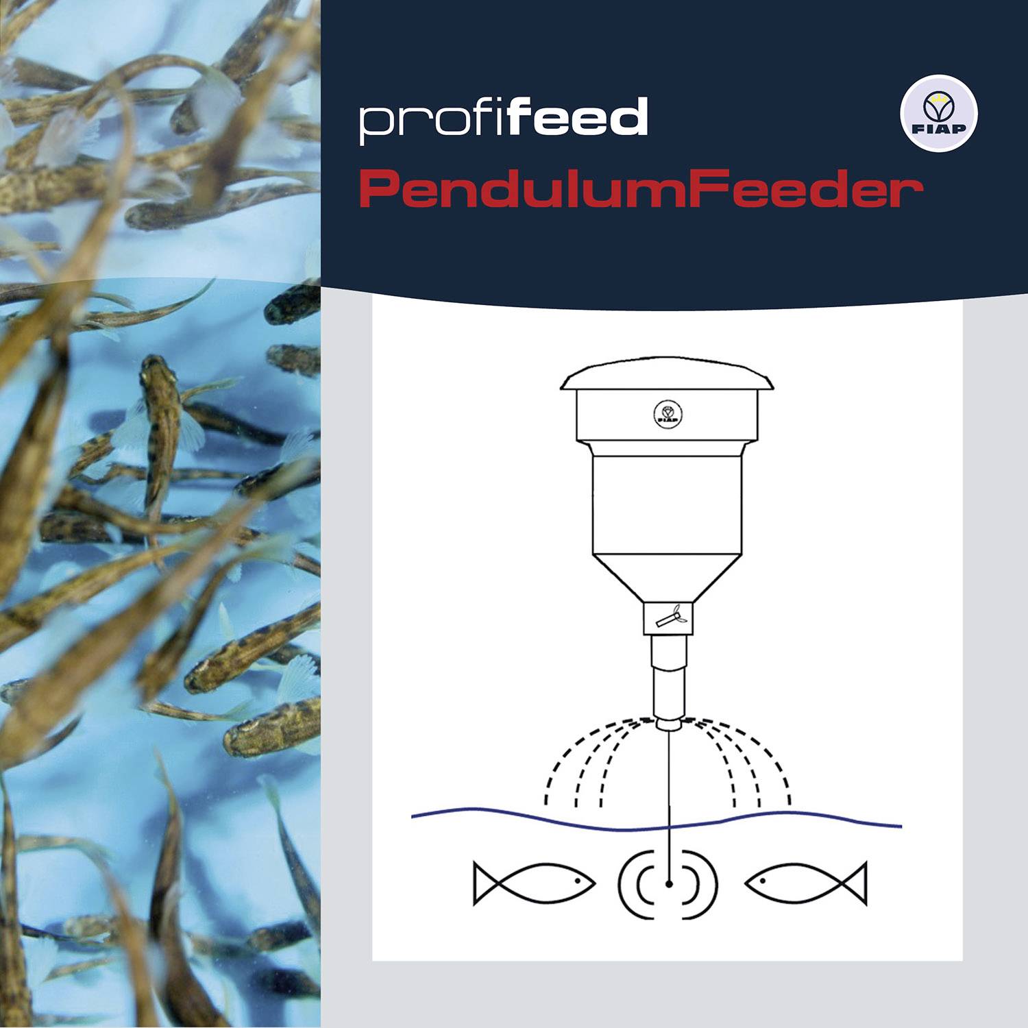 'PendulumFeeder': Blau-weißes Diagramm zeigt ein Futtergerät über einem Wasser mit schwimmenden Fischen, betont die Futterstromrichtung.