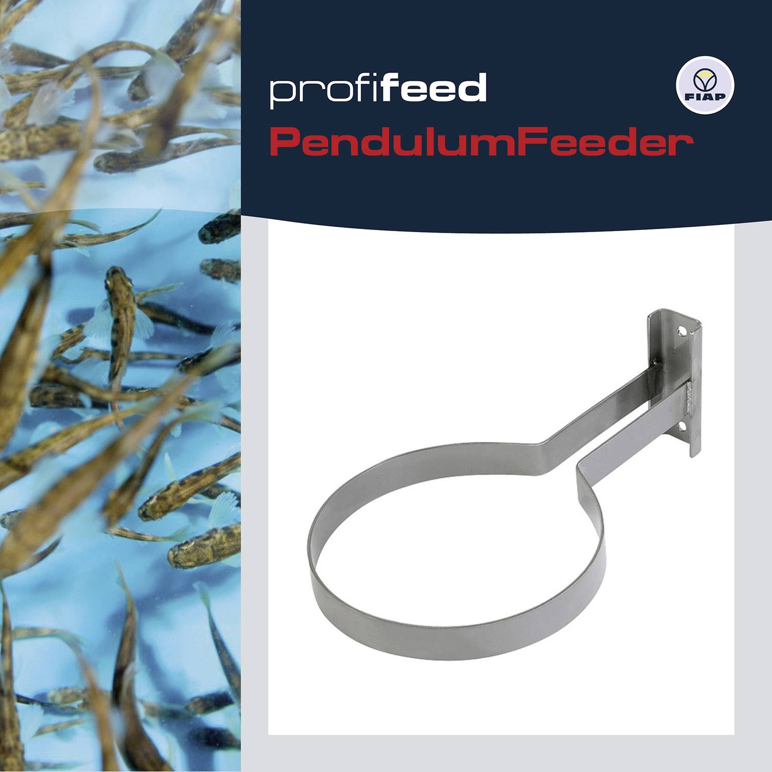 'Produktfoto eines PendulumFeeder, Fischfutterspender von Profifeed, für automatische Fütterung in Aquakultur. Links schwimmen Fische.'