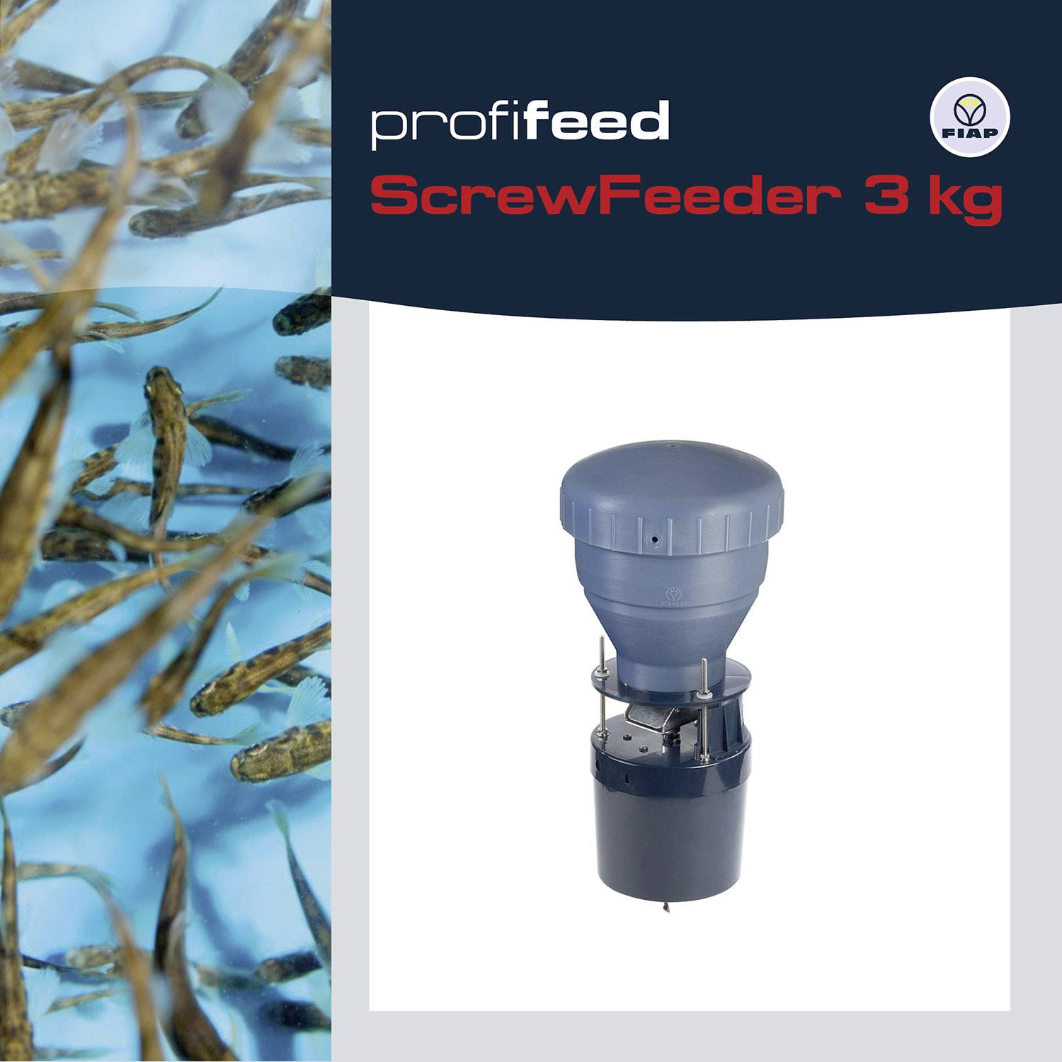 Ein Futterspender für Fischfarmen, genannt 'ScrewFeeder 3 kg', von der Marke profifeed. Links sind Fische im Wasser zu sehen.