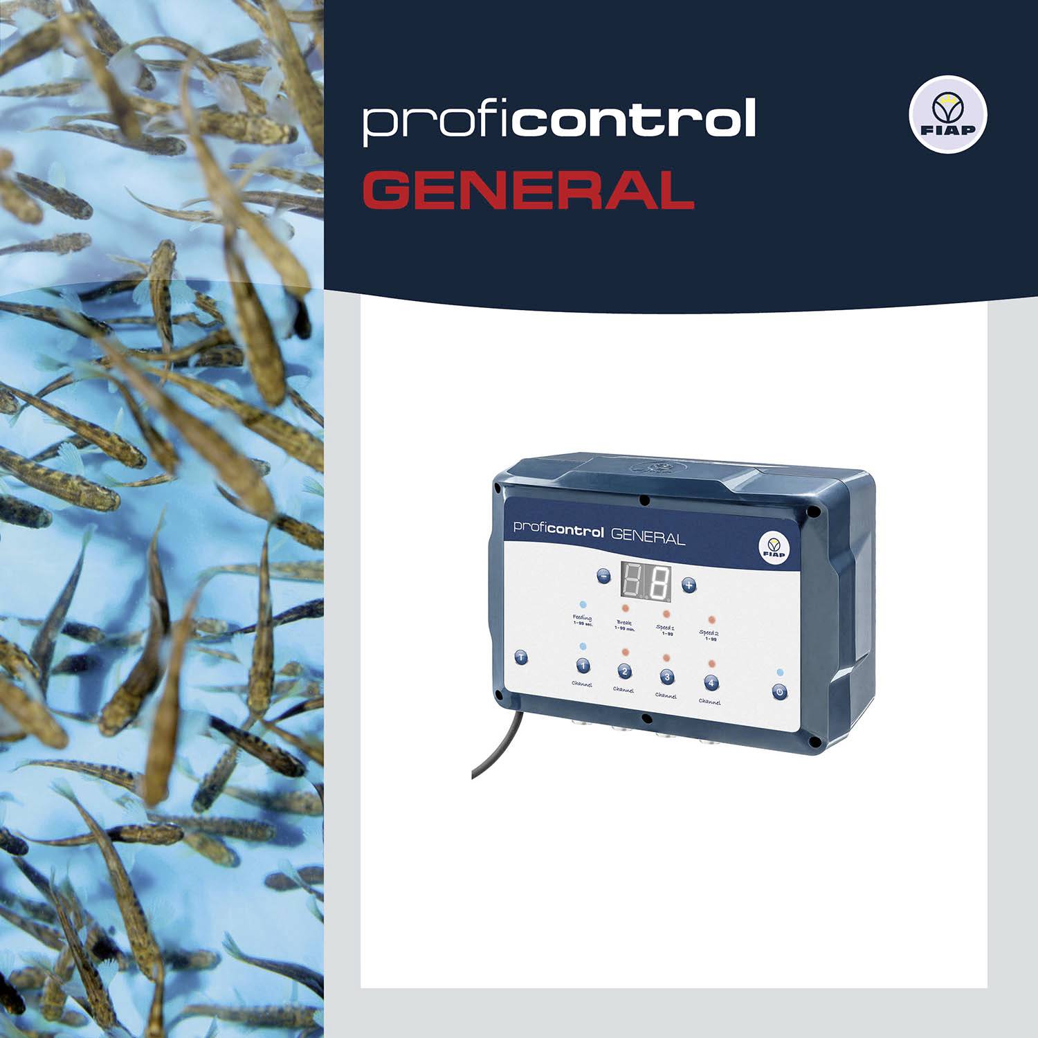 Ein elektronisches Gerät zur Steuerung mit Knöpfen und Anzeigen, neben einem Bild von schwimmenden Fischen. Aufschrift: 'proficontrol GENERAL'.
