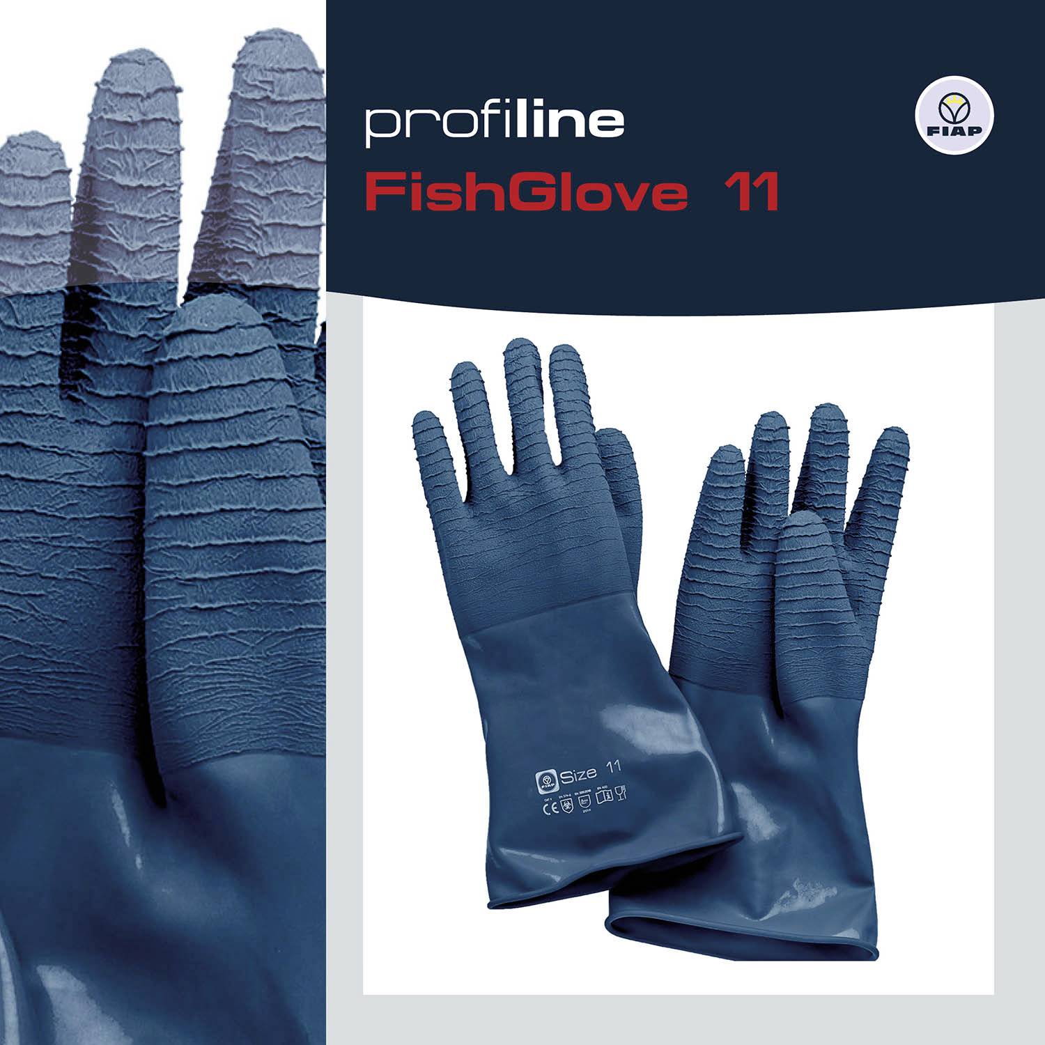 Blaue Fischhandschuhe 'FishGlove 11' von Profiline, angeordnet in einem Produktbild. Zwei Paare sichtbar, eins flach hingelegt.
