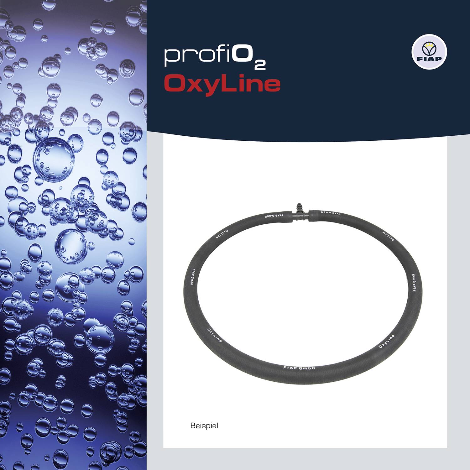 'profiO2 OxyLine' Produktabbildung zeigt einen runden schwarzen Schlauch mit Aufschrift. Links sind Luftblasen im blauen Wasser zu sehen.