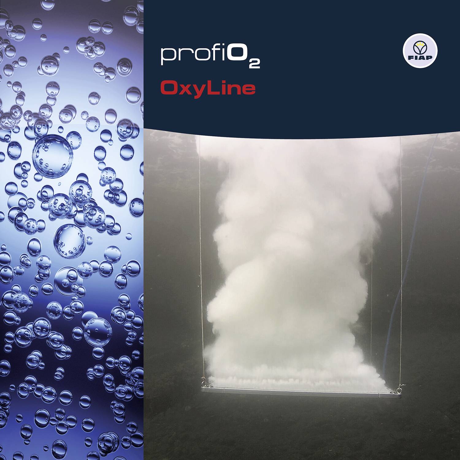 Links: Nahaufnahme von blauen Luftblasen unter Wasser. Rechts: Ein diffuser Luftblasenstrom in Wasser. Text: 'profiO₂', 'OxyLine', FIAP-Logo.