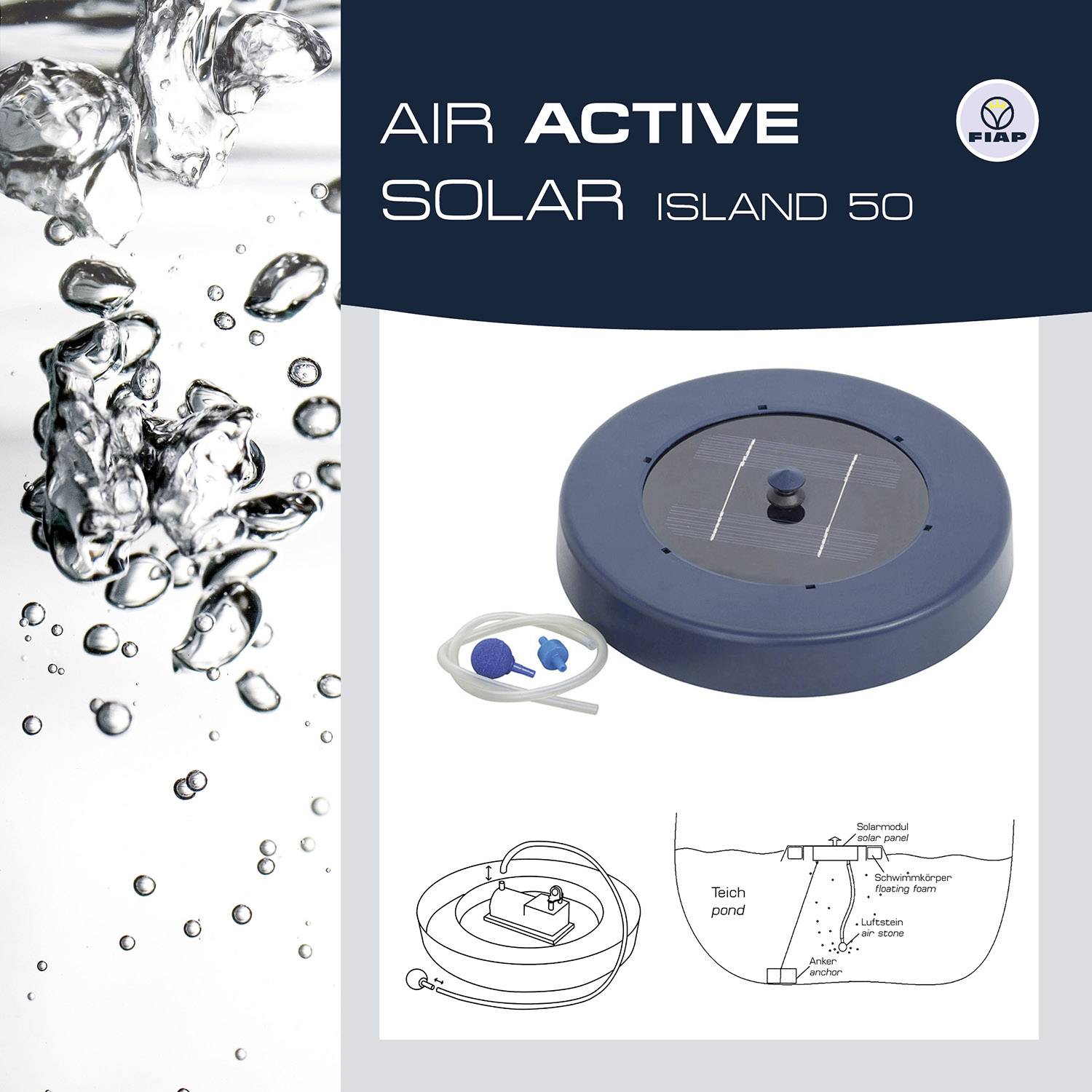 'Air Active Solar Island 50' Pumpe für Teichbelüftung mit Solarzelle, Kabel, und Sprudelstein. Installationsdiagramm rechts unten.
