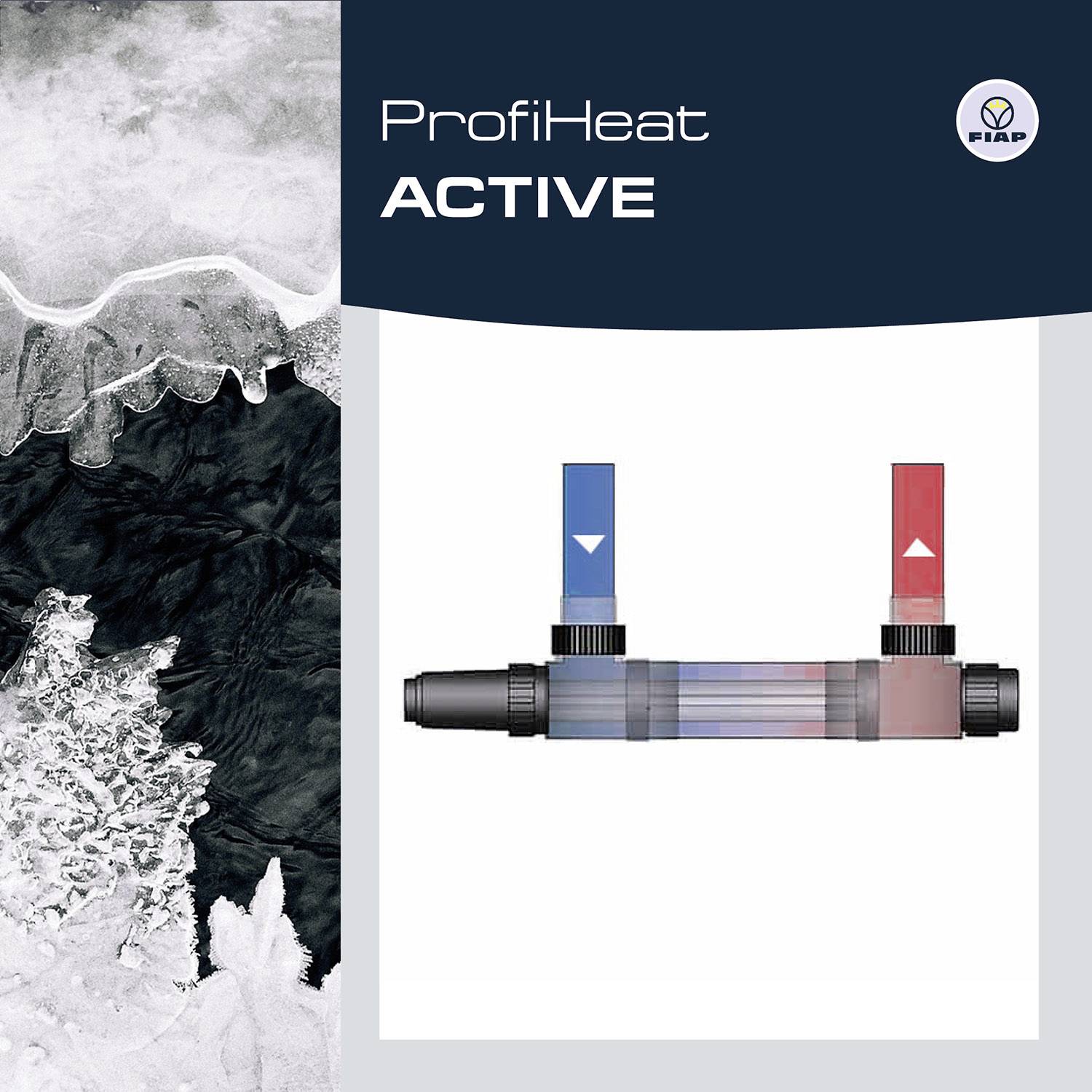 'ProfiHeat Active' Wärmetauscher Bild mit Eis auf der linken Seite. Anzeigen der Wasserflussrichtung mit Pfeilen: Blau für Kalt, Rot für Warm.