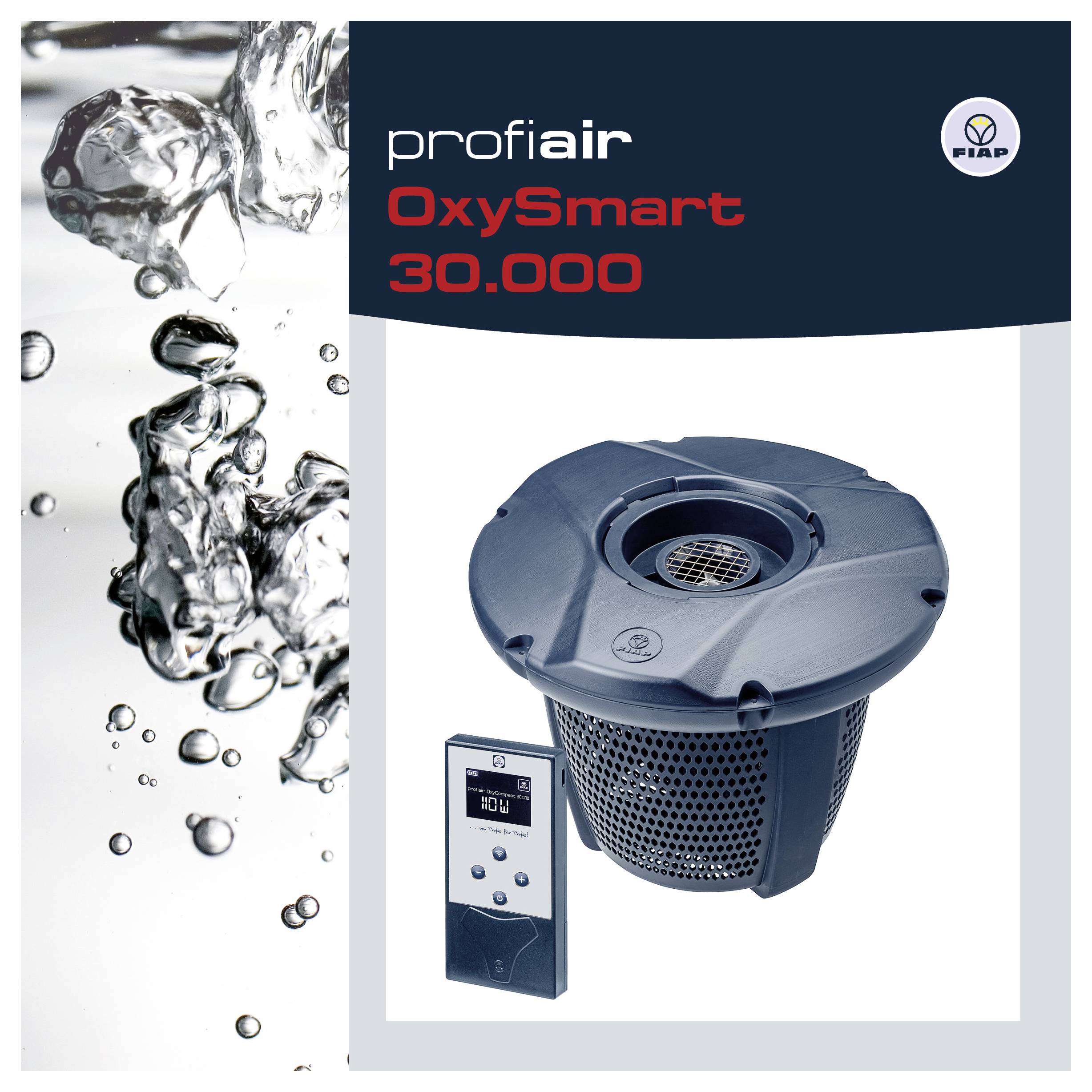 Produktwerbung für „profi air OxySmart 30.000", zeigt ein blaues Poolbelüftungsgerät mit Bedienfeld, neben Wasserspritze.