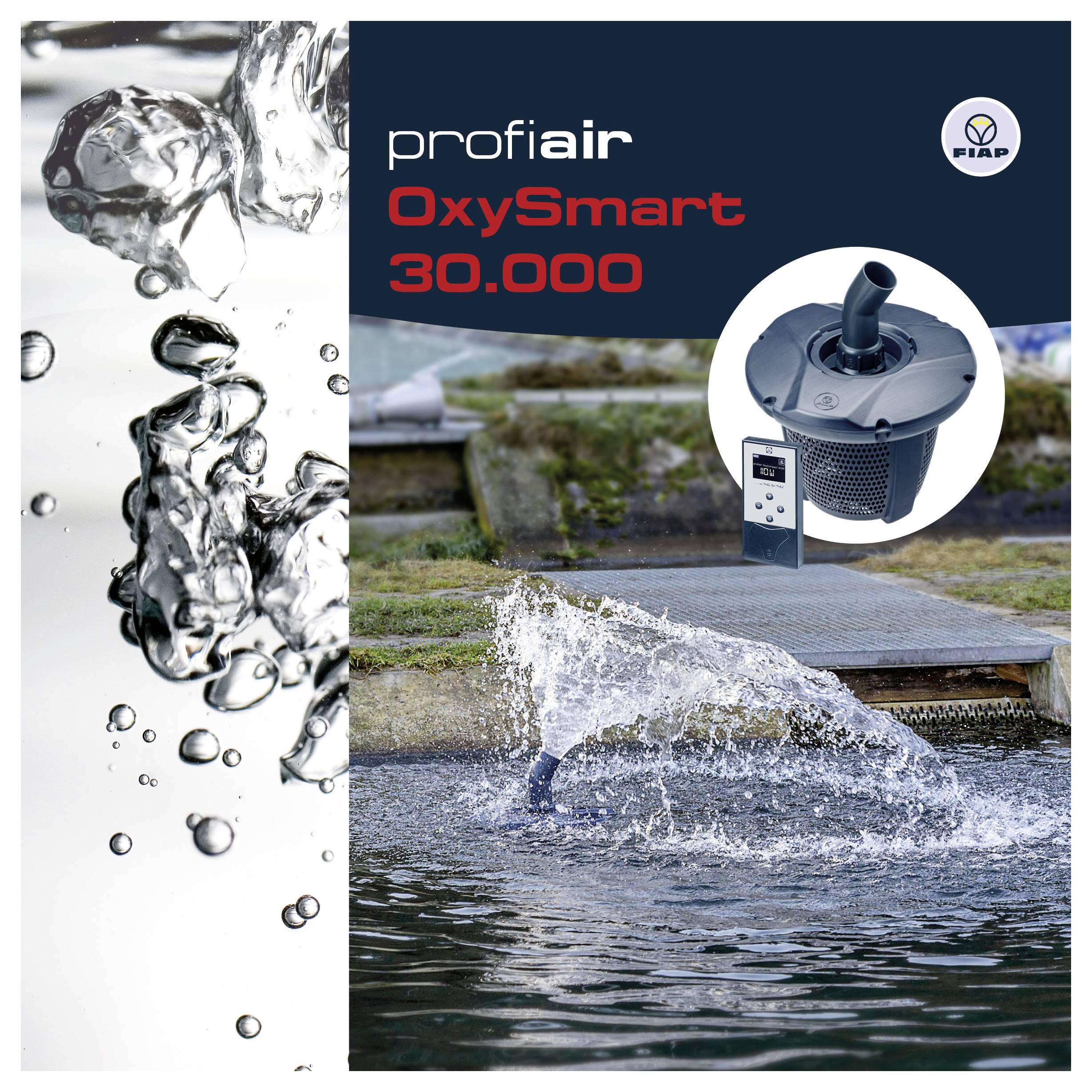 Werbebild für profiair OxySmart 30.000 mit einem Wasserlüfter und Kontrollelement, mit spritzendem Wasser in einem Teich oder Kanal und dem FIAP-Logo.