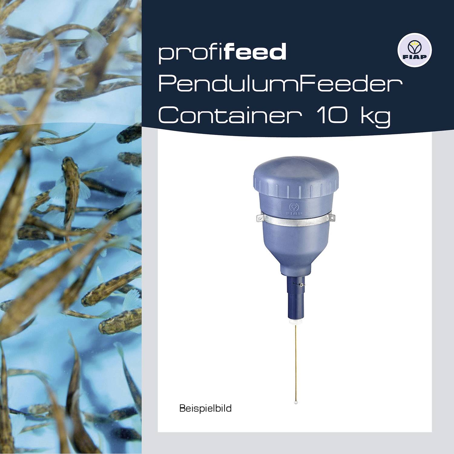 'Profi Feed PendulumFeeder Container 10 kg' und Beispielbild mit einem Pendeleimer, umgeben von Fischen im Wasser.