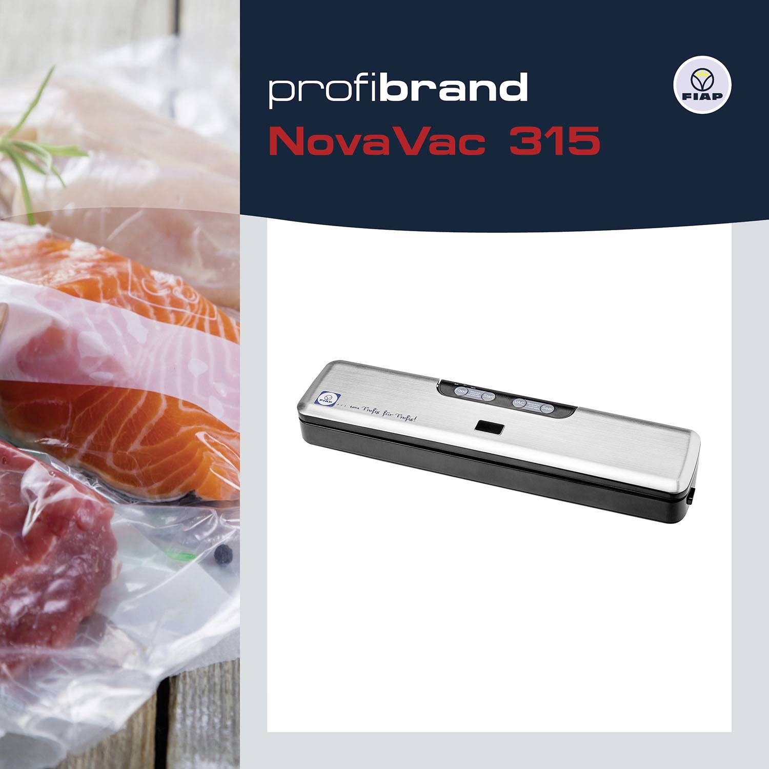 'NovaVac 315' Vakuumiergerät von profibrand, abgebildet, daneben vakuumierte Lebensmittel.