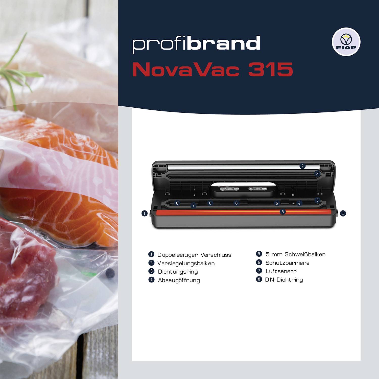 'NovVac 315 Vakuumierer von Profibrand: Ideal für Lebensmittelkonservierung. Bietet Doppelversiegelung, Absaugventil, Schutzbarriere.'