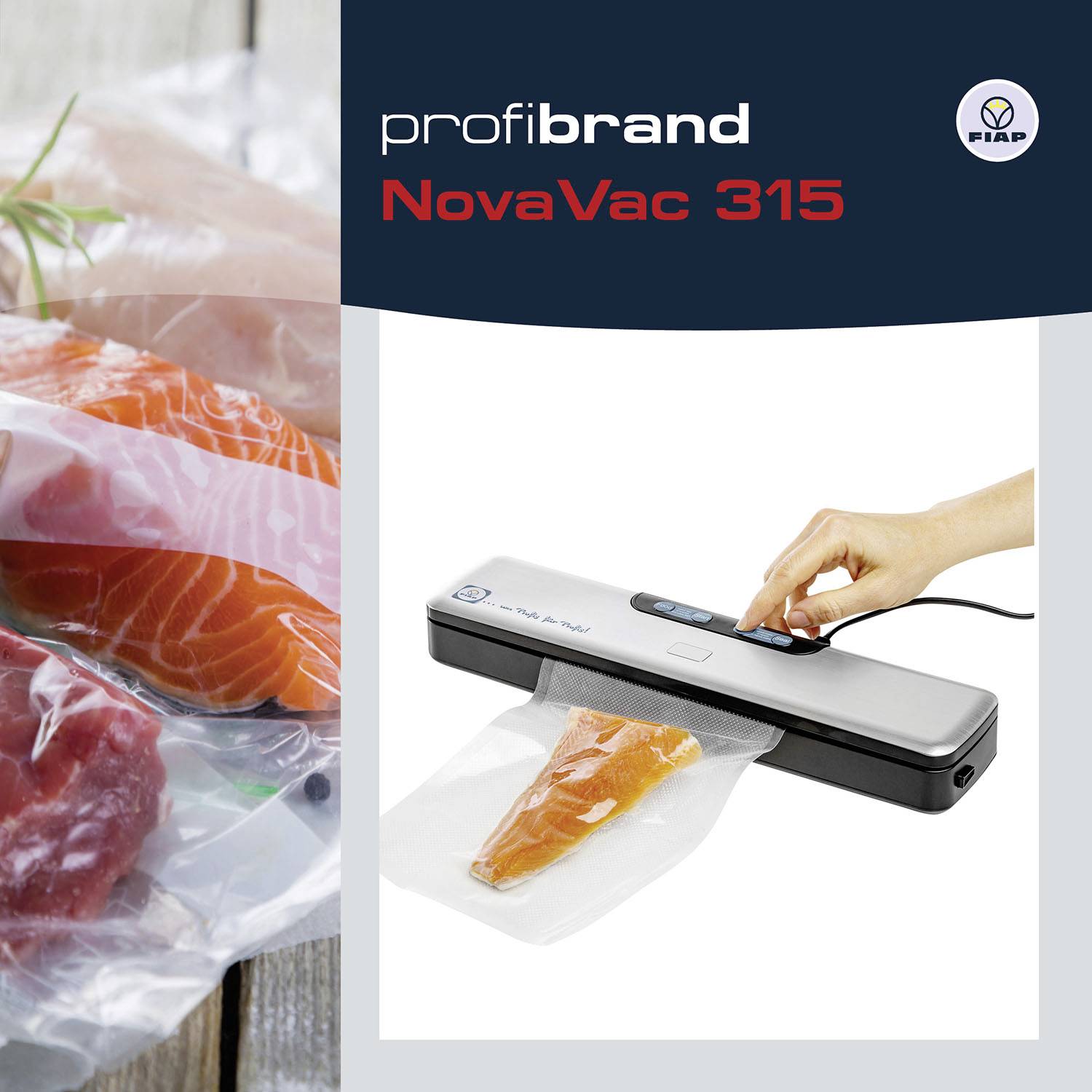 Vakuumierer NovaVac 315 der Marke profibrand: Zeigt Hände beim Versiegeln von Lachs in Plastiktüte. Ideal für Frische.
