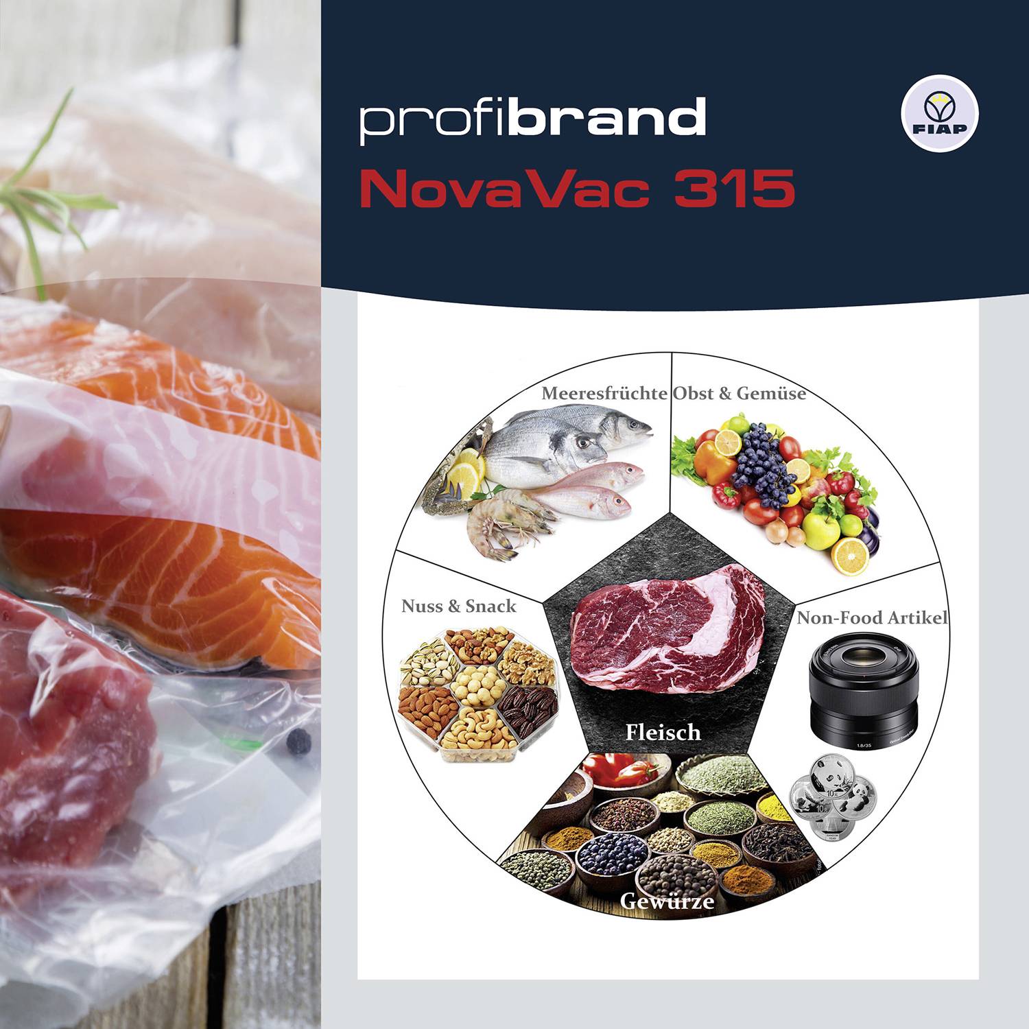 'NovaVac 315'-Werbung zeigt vakuumverpacktes Fleisch und eine Lebensmittelpyramide mit verschiedenen Produktkategorien, wie Meeresfrüchte und Gewürze.
