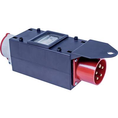 Elektrischer Industriestecker, roter Anschluss für Starkstrom, schwarzes Gehäuse mit durchsichtigem Abdeckungsfenster.