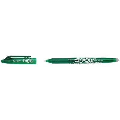 Ein grüner Kugelschreiber mit der Aufschrift 'Frixion Ball' von Pilot. Der Stift hat einen abnehmbaren Deckel und ein Radiergummi-Endstück.