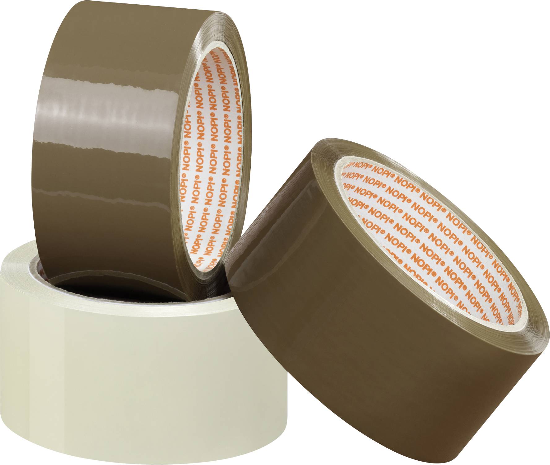 Drei Rollen Klebeband: Zwei braune und eine weiße Rolle, mit dem Markenlogo 'Noah' innen sichtbar, auf hellem Hintergrund.