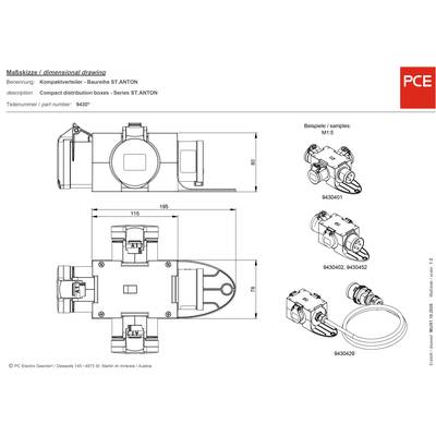 Zeichnung eines Kompaktverteilers Serie ST.ANTON von PCE, mit Produkteinzelheiten, Maßen und Beispielen wie M15 und verschiedenen Versionen.
