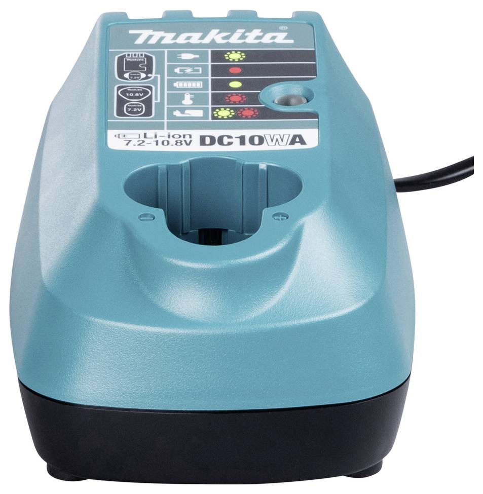 Ein türkisfarbener Makita AkkuLadegerät, Modell 'DC10WA', kompatibel mit 7.2-10.8V Li-Ionen-Akkus, ausgestattet mit LED-Anzeigen für den Ladestatus.