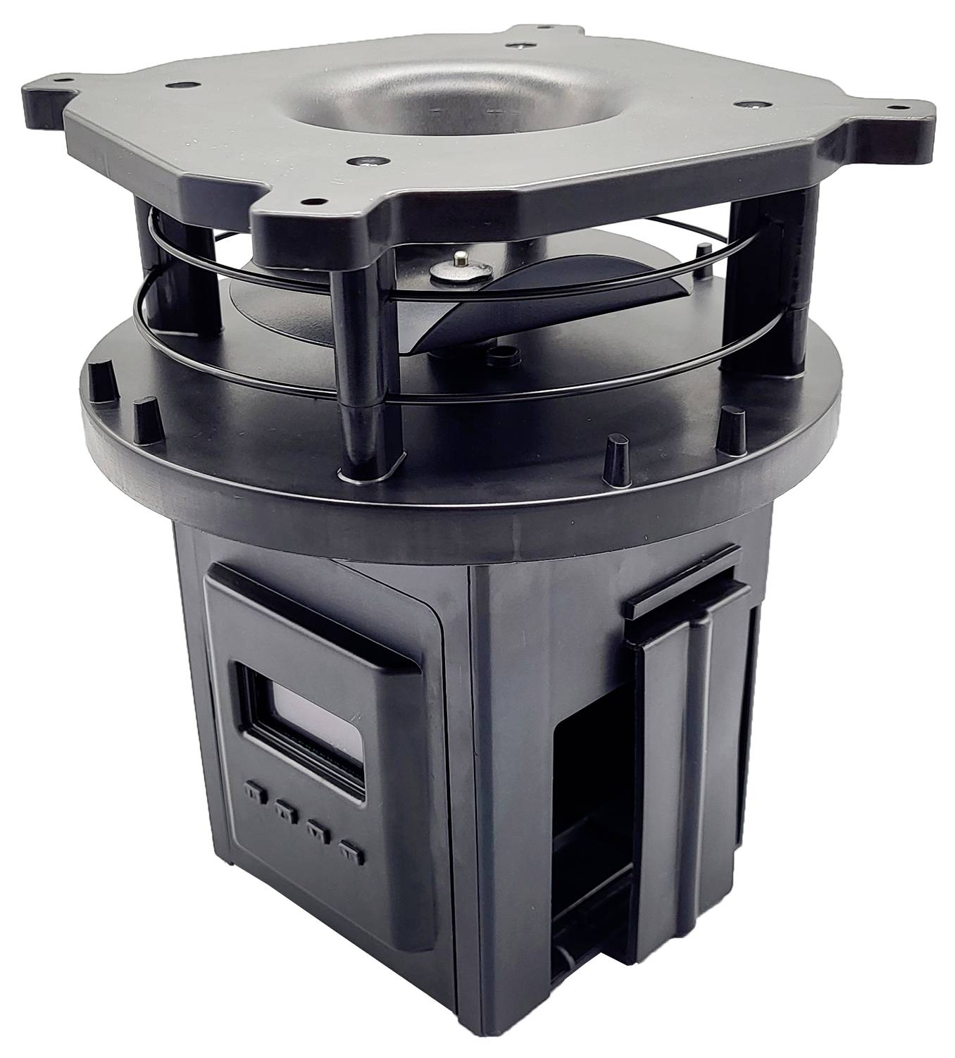 Ein schwarzes Plastik-Elektronikgerät mit einer zylindrischen Form, das einen quadratischen Deckel und einen kleinen Bildschirm auf einer Seite aufweist, möglicherweise ein Sensor oder ein Messinstrument.