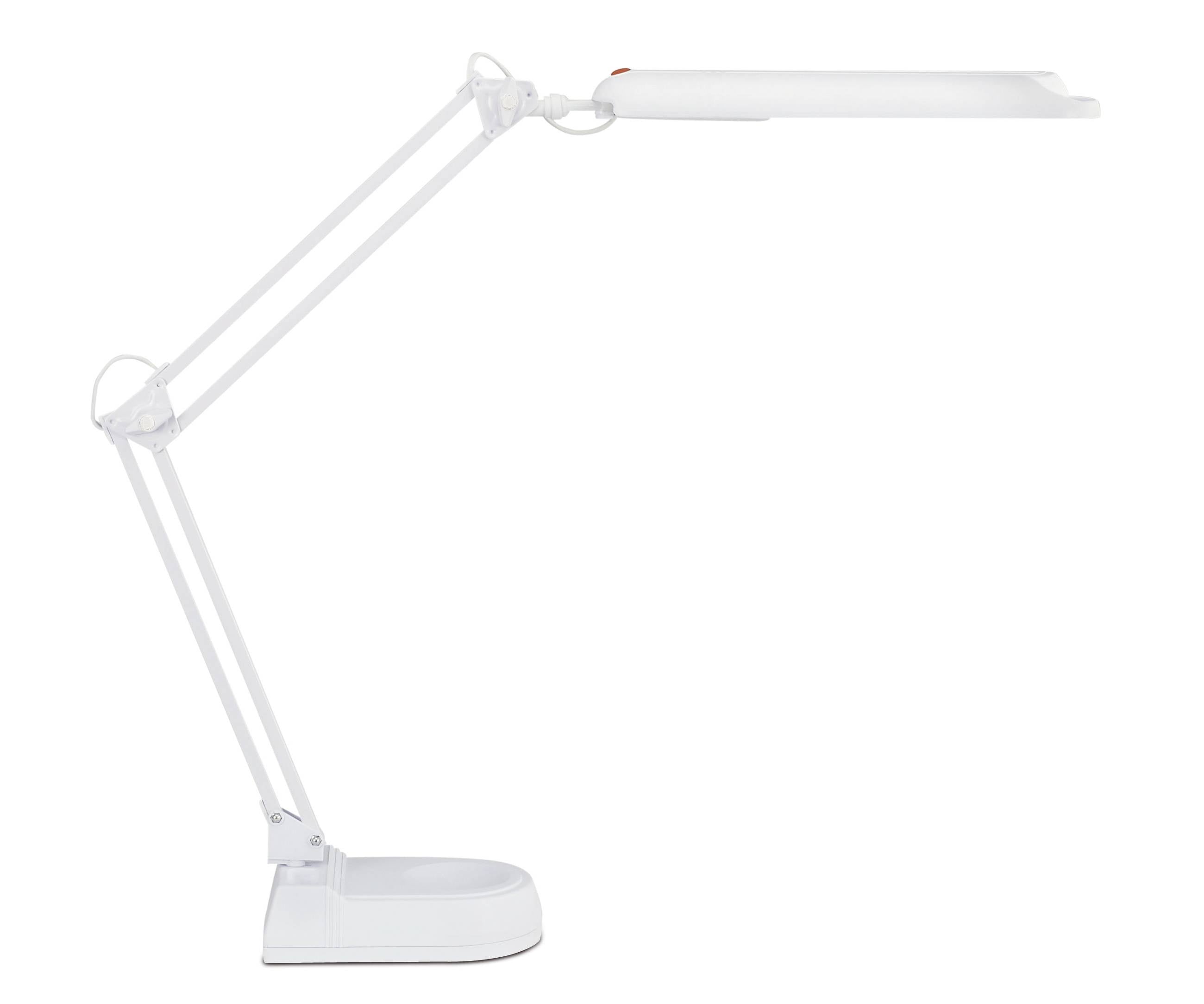 Weiße verstellbare Schreibtischlampe mit gelenkigen Armen und einer horizontalen LED-Lichtleiste auf einem rechteckigen Sockel, vor einem schlichten weißen Hintergrund dargestellt.