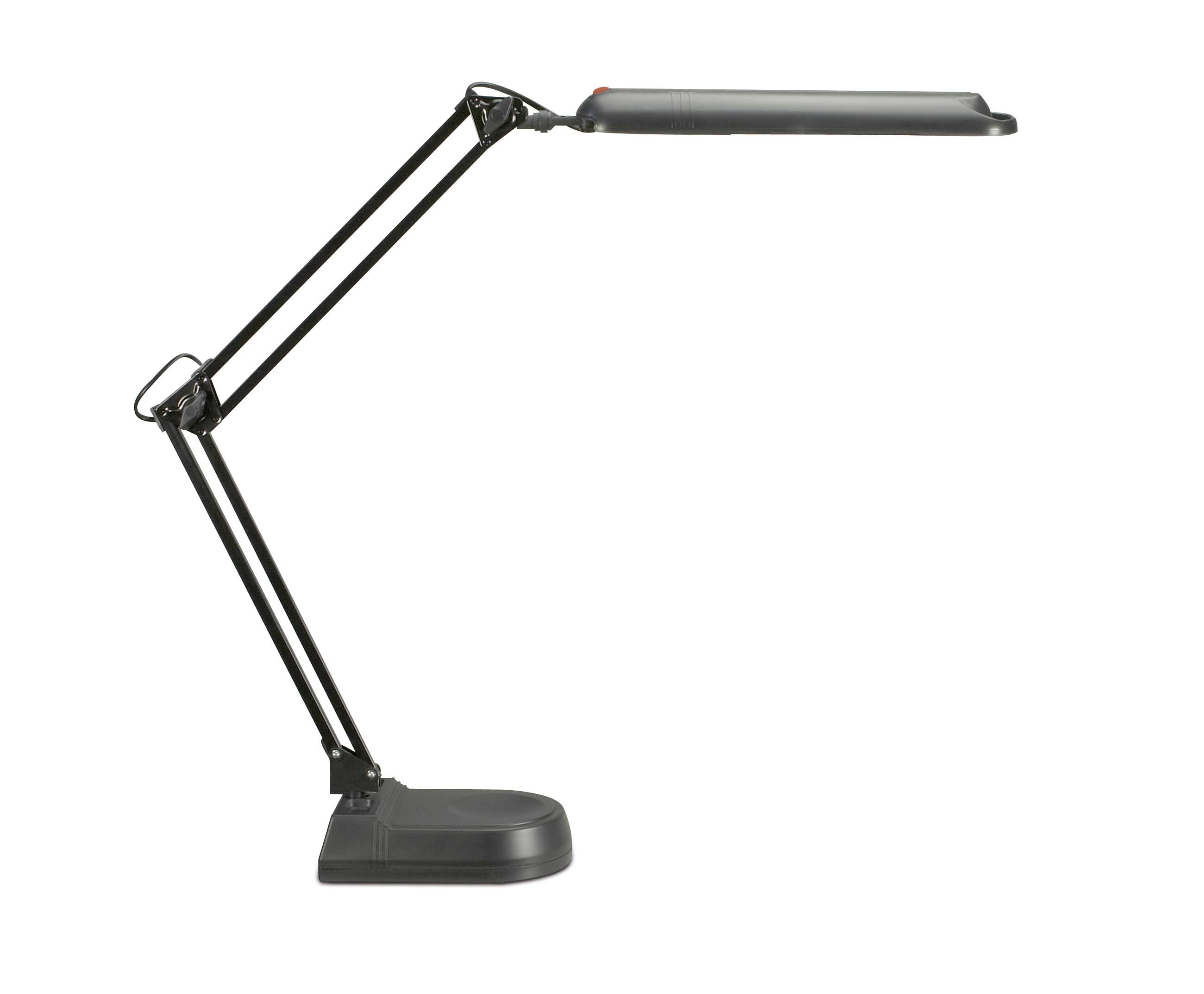 Schwarze verstellbare Schreibtischlampe mit langem Gelenkarm und schlankem, horizontalem Leuchtbalken auf einem rechteckigen Sockel.