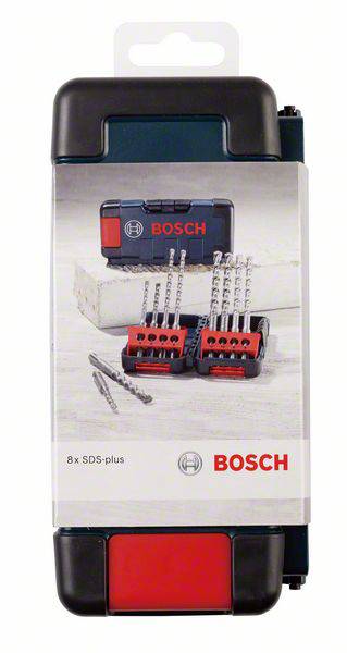 Bilder von einem Bohrer-Set in einer Verpackung mit der Aufschrift '8x SDS-plus' und dem Bosch-Logo. 