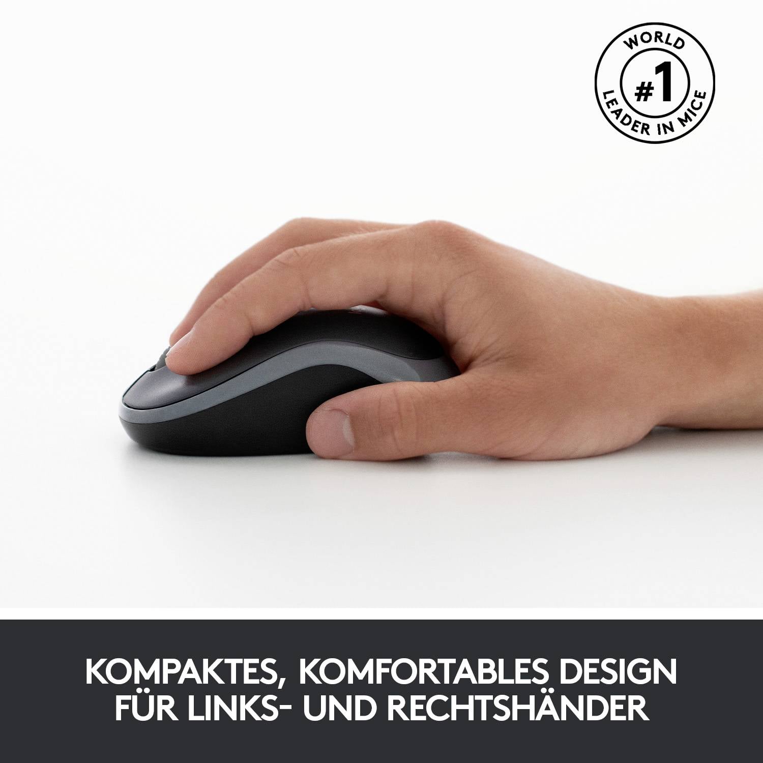 Eine Hand hält eine schwarze Computermaus. Text darunter besagt: 'Kompaktes, komfortables Design für Links- und Rechtshänder.'