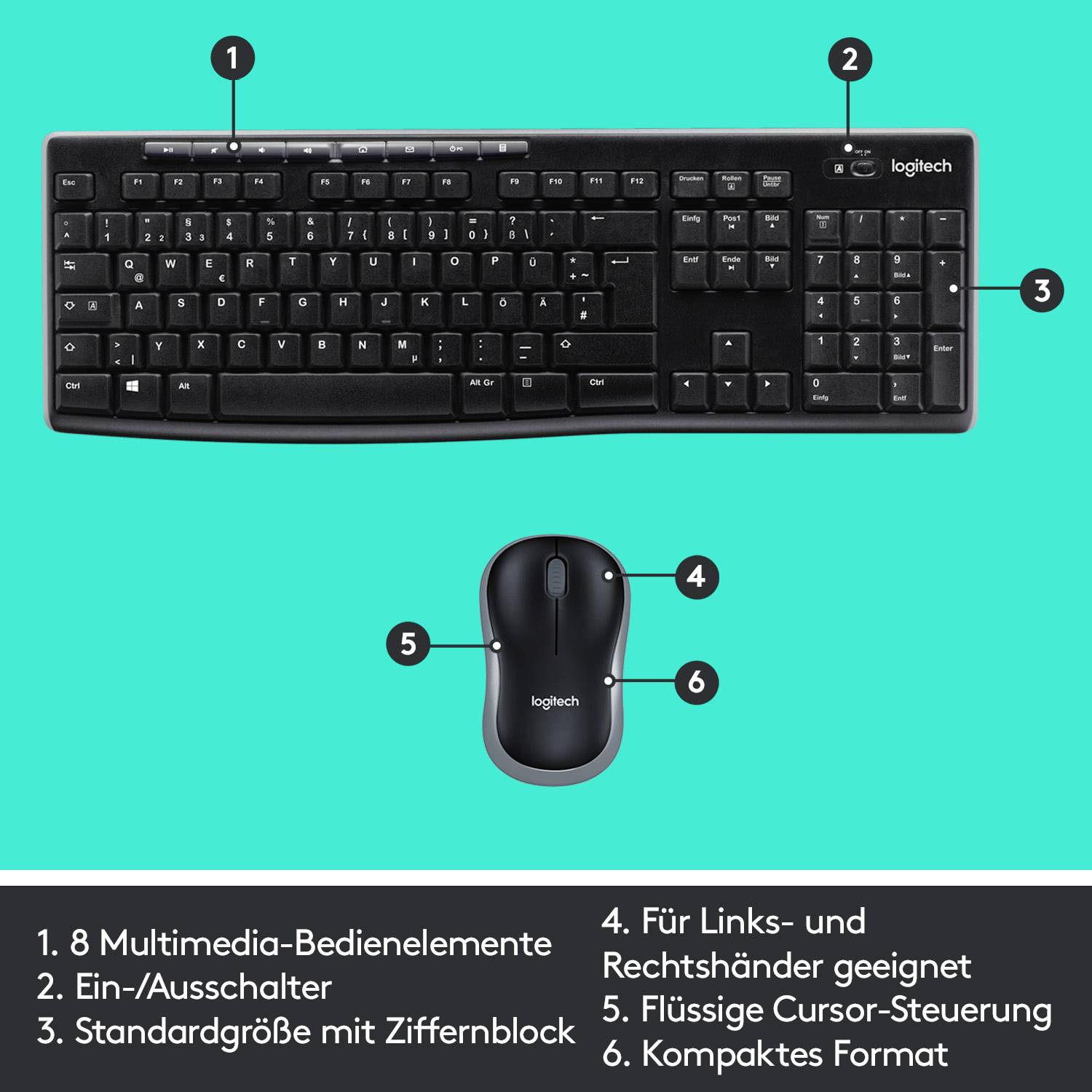 'Foto einer Logitech-Tastatur und Maus. Tastatur mit 8 Multimedia-Bedienelementen; geeignet für Linkshänder; kompaktes Format.'