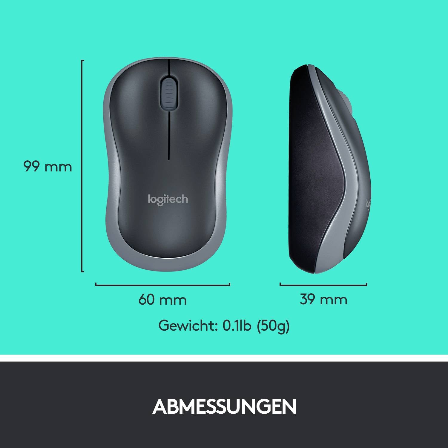 'Logitech Maus, Draufsicht und Seitenansicht, Maße: 99mm x 60mm x 39mm, Gewicht: 50g (0,11lb), Text: ABMESSUNGEN.'