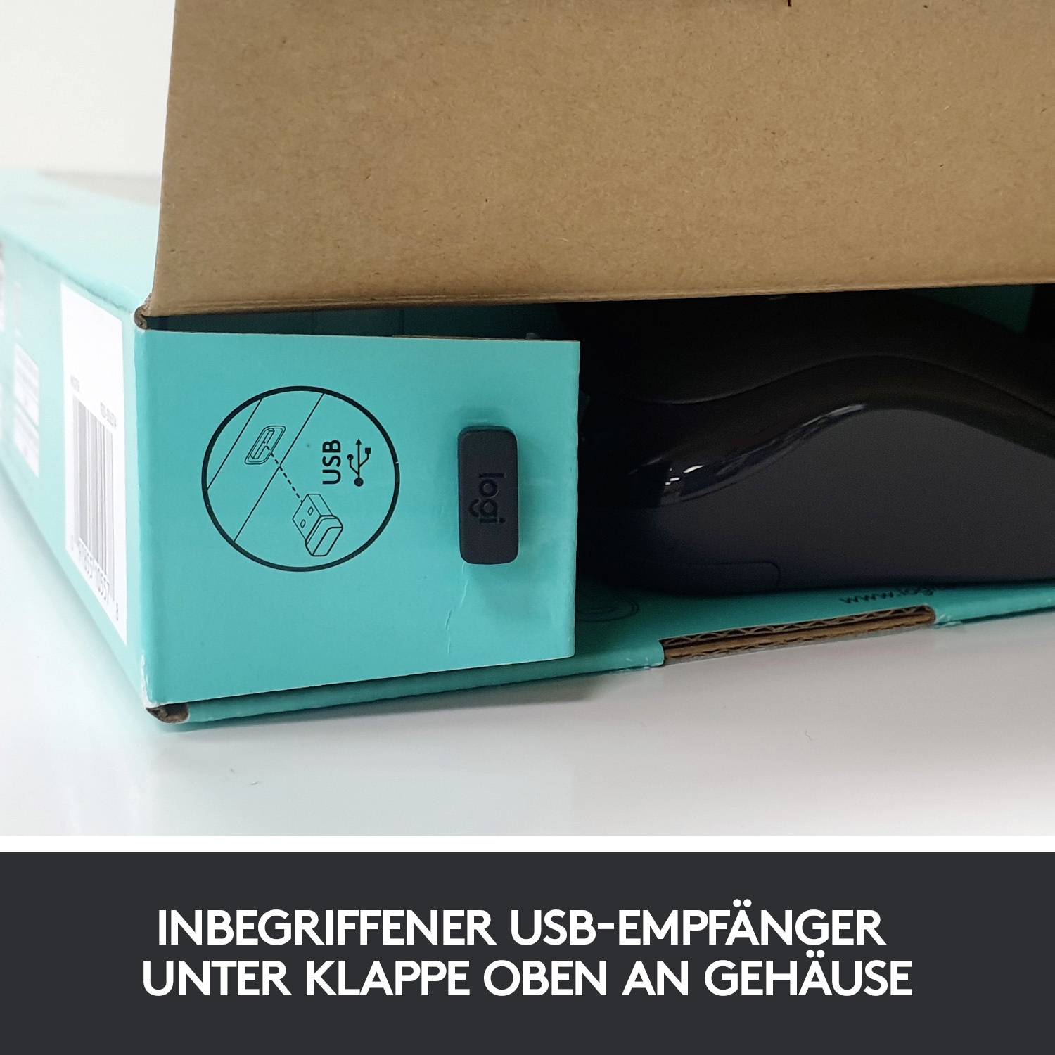'Inbegriffener USB-Empfänger unter Klappe oben am Gehäuse' steht auf einem Kartonetikett. Ein USB-Empfänger ist abgebildet.