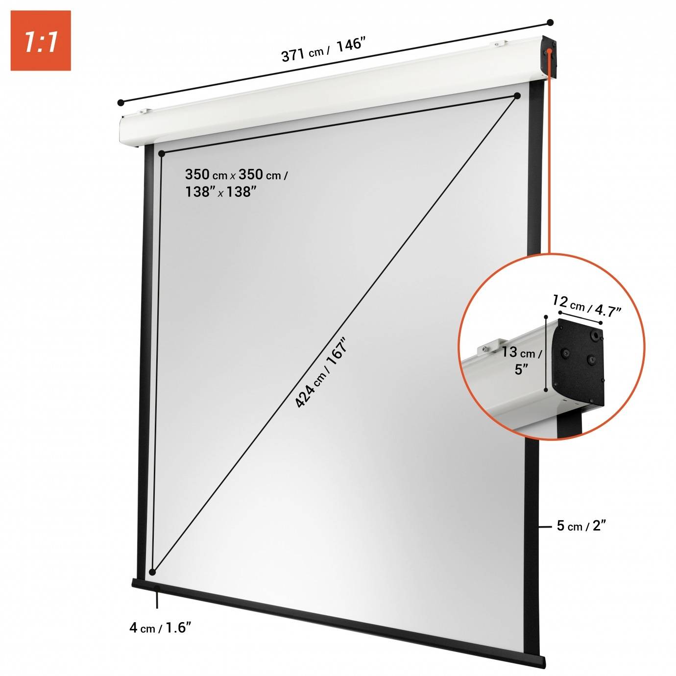 Leinwand mit Maßen: 350 cm x 350 cm, Diagonale 424 cm. Gehäusebreite 371 cm. Detailansicht zeigt Wandhalterung und Maße.