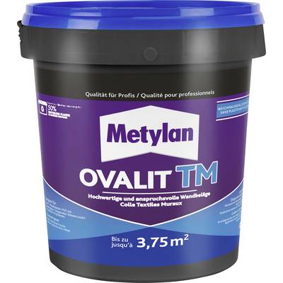 Ein Eimer Metylan Ovalit TM, ein Kleister für professionelle Wandbekleidungen, mit der Angabe für bis zu 3,75 Quadratmeter Fläche.